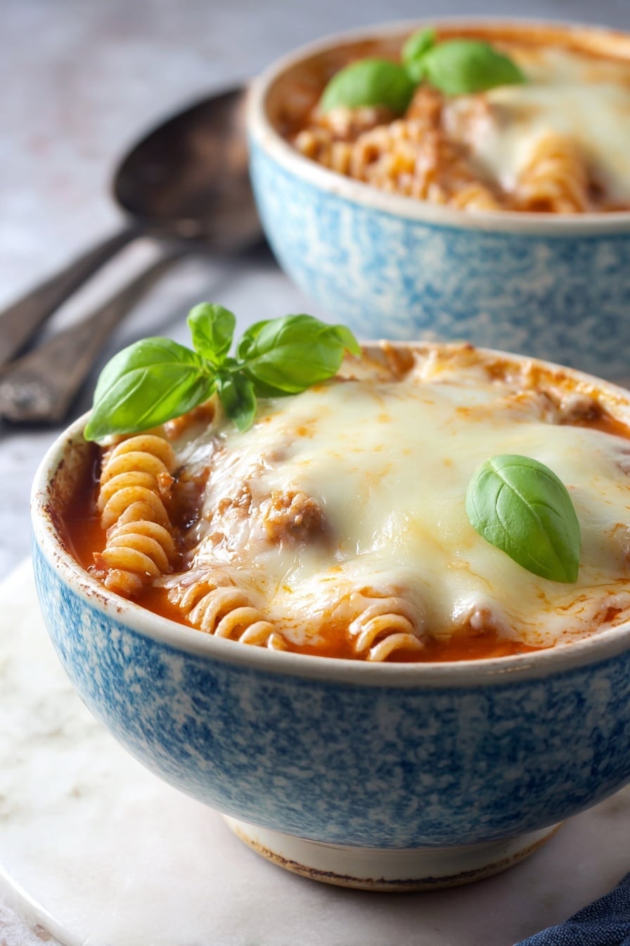 Two white bowls with blue patterns hold a layered baked pasta dish. The first layer is a red tomato sauce with visible spiral pasta and chunks of light brown meat. On top is a thick, pale melted cheese layer with spots of golden brown from baking. Each bowl is garnished with two bright green fresh basil leaves near the edge. The bowls are placed on a white marbled textured surface with two metal spoons blurred in the background. photo taken with an iphone --ar 2:3 --v 7 - Slow Cooker Chicken Parmesan Soup, Chicken Parmesan Soup, Slow Cooker Soup, Easy Chicken Soup, Italian Comfort Food