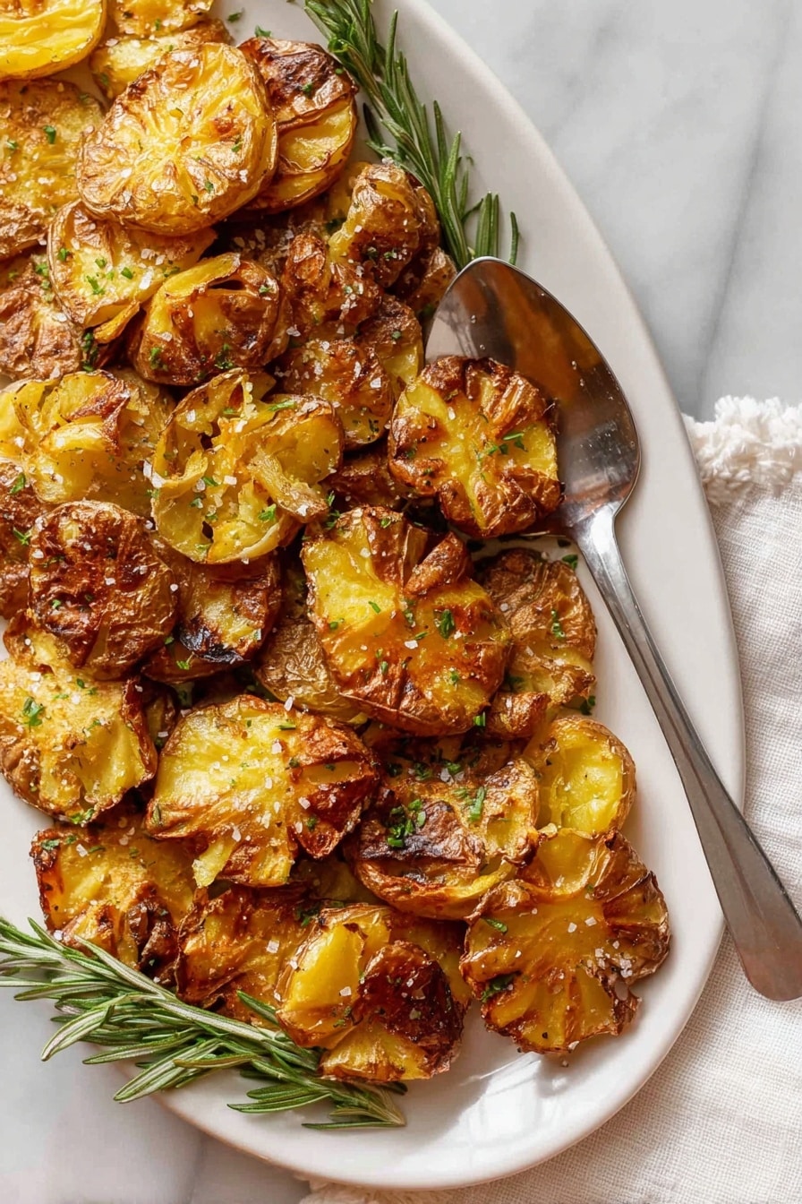 This image shows a white oval plate filled with smashed roasted potatoes, each piece golden brown with crispy edges and a slightly wrinkled texture. The potatoes are sprinkled with coarse salt and finely chopped green herbs, giving a fresh look. Some sprigs of fresh rosemary are placed among the potatoes for decoration. A silver spoon rests on the right side of the plate, partially placed on the potatoes. The plate is set on a white marbled surface, and a white cloth with small pompom edges is beside it. photo taken with an iphone --ar 2:3 --v 7 - Crispy Air Fryer Smashed Potatoes, air fryer smashed potatoes, easy crispy potato side dish, healthy crispy potato recipe, quick air fryer potato ideas