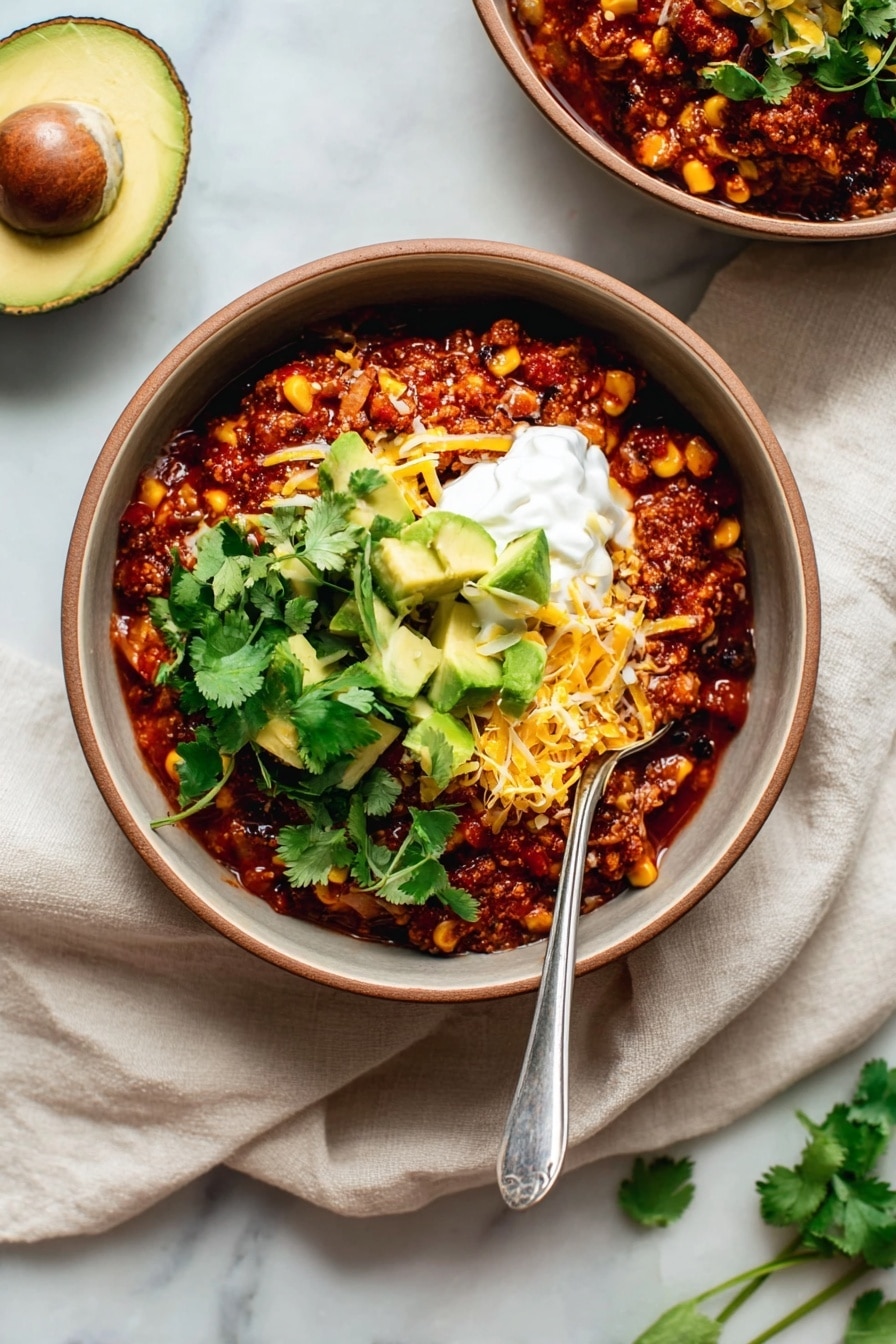 The dish is presented in a round bowl with a brown rim, filled with a thick, reddish-brown chili mixture containing visible corn kernels and black beans. On top, there are bright yellow shredded cheese and chunky green avocado pieces layered with fresh green cilantro leaves. A dollop of white sour cream sits near the avocado. A silver spoon rests inside the bowl, placed on the right side on a white marbled surface with a light beige cloth partially visible underneath. Part of another identical bowl is seen in the top right corner, and a halved avocado is placed on the left side. The photo taken with an iphone --ar 2:3 --v 7 - Slow Cooker Vegan Bean & Quinoa Chili, vegan chili recipe, plant-based slow cooker chili, healthy vegan chili, hearty vegan chili