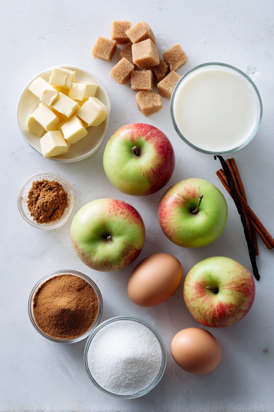 Flat lay of diced fresh apples with pale red and green skin, light brown sugar crystals, granulated white sugar, a small heap of ground cinnamon powder, cubes of unsalted butter in soft yellow, whole eggs with smooth brown shells, a small glass of creamy whole milk, and a vanilla bean pod, all beautifully arranged in a balanced composition placed on a white marble surface, photo taken with an iphone --ar 2:3 --v 7 - Apple Muffins, apple muffins recipe, moist apple muffins, cinnamon apple muffins, easy breakfast muffins