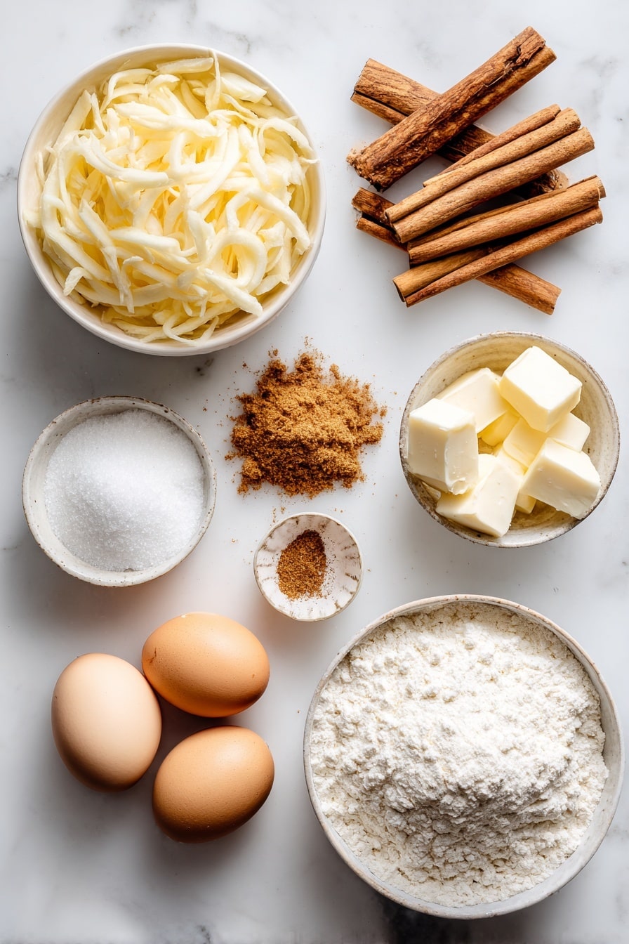 Flat lay of peeled shredded apple, cinnamon sticks, ground cinnamon powder sprinkled artistically, granulated sugar crystals, small cubes of frozen unsalted butter, whole large egg, a bowl of heavy cream with a smooth surface, and a mound of all-purpose flour, all beautifully arranged with soft natural light and warm tones, placed on a white marble surface, photo taken with an iphone --ar 2:3 --v 7 - Apple Scones, easy apple scones, fall breakfast recipes, cinnamon apple baked goods, quick morning scones