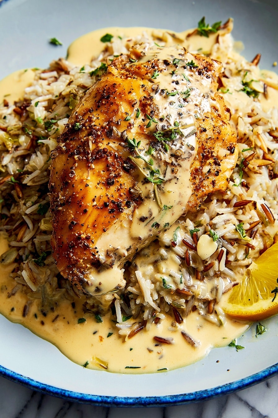A golden brown cooked chicken piece with visible black pepper and herbs on top sits in the center of the image, half-covered by a creamy light beige sauce with small white chunks and green herb leaves. The chicken rests on a pile of mixed rice grains, showing both white and wild rice with a slightly glossy texture. A lemon slice is partially seen under the rice on the right side. The dish is served on a white plate against a white marbled background. Photo taken with an iphone --ar 2:3 --v 7 - Slow Cooker Creamy Lemon Herb Chicken, healthy slow cooker chicken recipes, easy lemon chicken dinner, comforting chicken skillet, flavorful slow cooker chicken