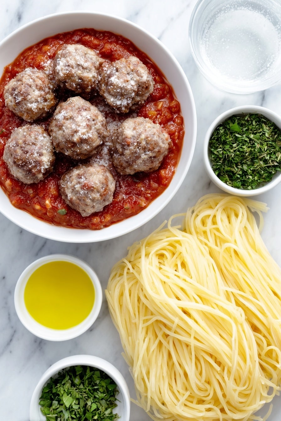 Flat lay of a simple white ceramic bowl filled with vibrant red spaghetti sauce, a few frozen meatballs with a frosty appearance, a small white bowl of clear water, a small white bowl with golden olive oil, a neat bundle of uncooked spaghetti noodles, and a small white bowl holding freshly chopped green herbs (basil, oregano, and parsley), all arranged in perfect symmetry and balanced proportions, placed on a clean white marble surface, soft natural light, photo taken with an iPhone, professional food photography style, fresh ingredients, white ceramic bowls, no bottles, no duplicates, no utensils, no packaging --ar 2:3 --v 7 --p awthu7i m7354615311229779997 - Easy Crock Pot Spaghetti with Meatballs, slow cooker Italian dinner, effortless meatball pasta, simple crockpot spaghetti recipe, hearty comfort food