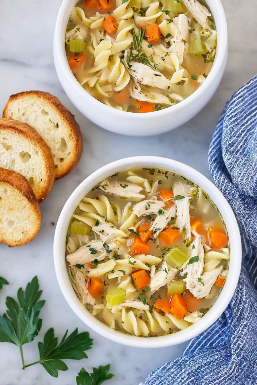 Two white bowls with three layers of chicken noodle soup sit on a white marbled surface. Each bowl shows a clear broth base with light yellow, curly egg noodles, white shredded chicken pieces, and bright orange carrot chunks floating on top. Small light green celery pieces and fresh green herbs like rosemary and parsley add flecks of color. A silver spoon rests inside the closer bowl. On the right side, there are three slices of bread stacked slightly on the white marbled surface. A blue and white striped cloth is partly visible near the front bowl. Photo taken with an iphone --ar 2:3 --v 7 - Crockpot Chicken Noodle Soup, slow cooker chicken noodle soup recipe, easy chicken noodle soup, comforting homemade chicken soup, hearty slow cooker soup