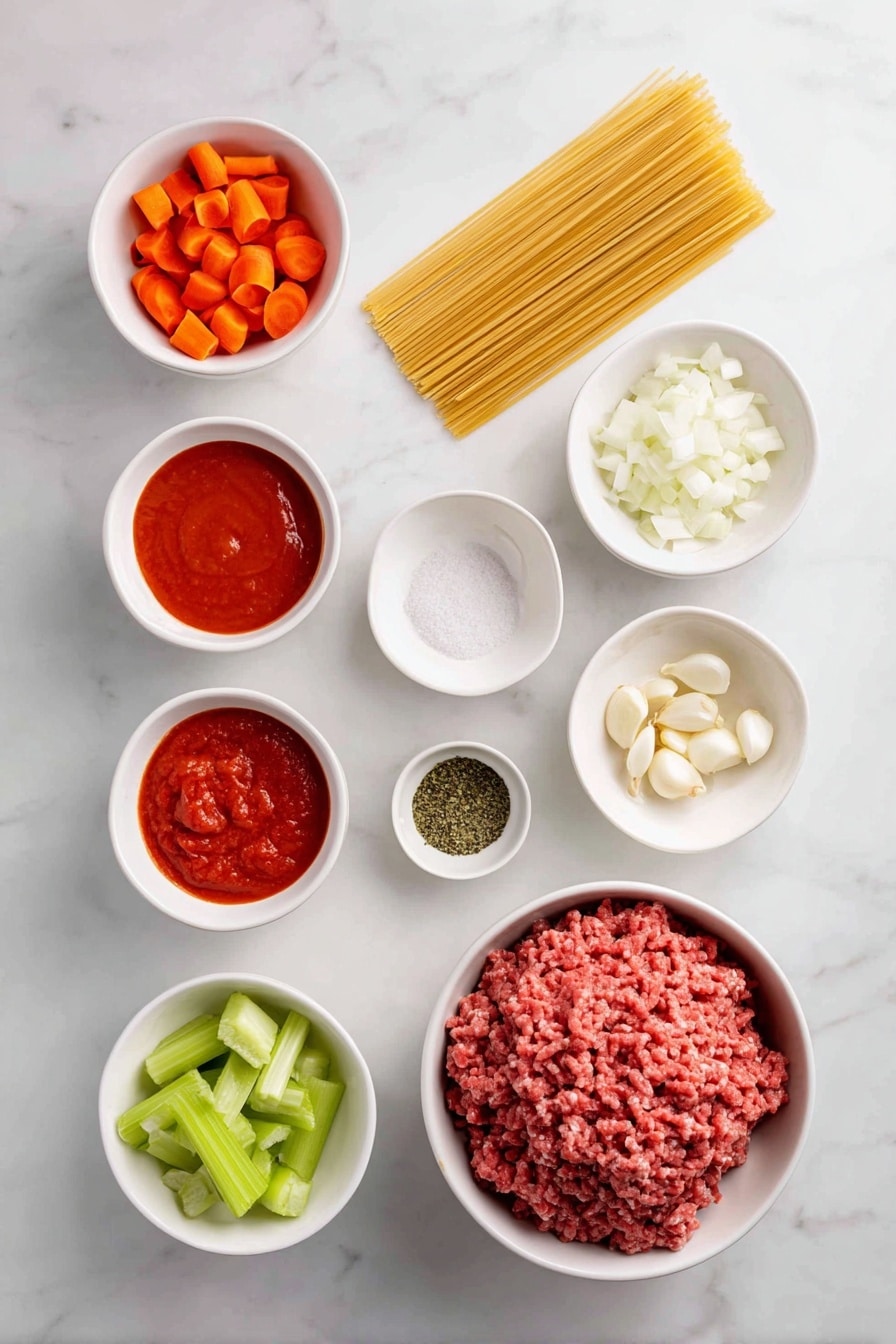 Flat lay of crispy chopped bacon strips, a large diced onion, two medium diced carrots, two diced celery stalks, three peeled garlic cloves, a small white bowl of canned chopped tomatoes, a small white bowl of smooth tomato passata, a small white bowl of dried basil leaves, a small white bowl of dried oregano leaves, a small white bowl of salt crystals, a mound of raw extra-lean ground beef all arranged symmetrically in simple white ceramic bowls and plates, placed on a clean white marble surface, soft natural light, photo taken with an iPhone, professional food photography style, fresh ingredients, white ceramic bowls, no bottles, no duplicates, no utensils, no packaging --ar 2:3 --v 7 --p awthu7i m7354615311229779997 - Slow Cooker Bolognese Sauce, hearty slow cooker Bolognese, easy slow cooker pasta sauce, flavorful beef Bolognese, beginner-friendly slow cooker sauce