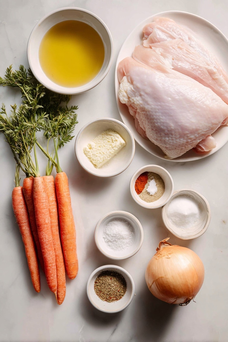 Flat lay of a whole raw boneless turkey breast with skin, a quartered medium yellow onion, two fresh medium carrots with leafy tops, a small white ceramic bowl filled with melted butter, a small white ceramic bowl of granulated garlic powder, a small white ceramic bowl of poultry seasoning blend, a small white ceramic bowl of paprika powder, and a small white ceramic bowl of kosher salt, all arranged symmetrically on a clean white marble surface, soft natural light, photo taken with an iPhone, professional food photography style, fresh ingredients, white ceramic bowls, no bottles, no duplicates, no utensils, no packaging --ar 2:3 --v 7 --p awthu7i m7354615311229779997 - Slow Cooker Turkey Breast, Juicy Turkey Breast, Moist turkey recipe, Set-and-Forget Turkey, Easy holiday turkey
