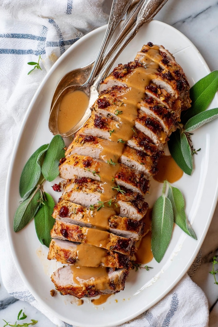 A long white oval plate holds a sliced roasted meat arranged in a single row, each slice showing a charred, browned crust with a tender, light inside. The meat is topped with a smooth, light brown sauce drizzled evenly along the slices. Fresh green leaves are laid under and around the meat for garnish. To the side, two vintage silver serving utensils rest on the plate. The plate is on a white marbled surface with a white cloth and a blue striped cloth nearby. Photo taken with an iphone --ar 2:3 --v 7 - Slow Cooker Turkey Breast, Juicy Turkey Breast, Moist turkey recipe, Set-and-Forget Turkey, Easy holiday turkey