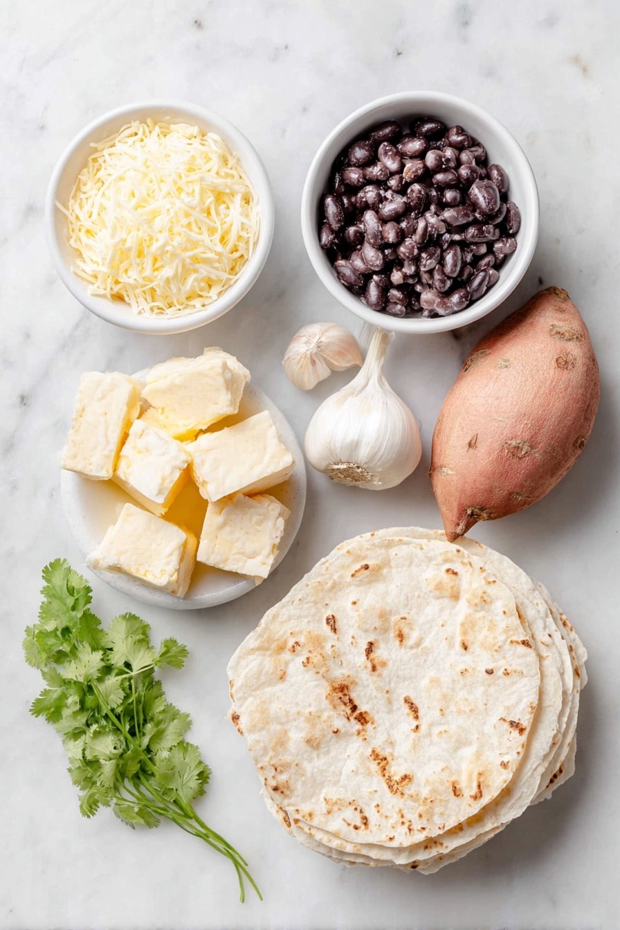 Flat lay of peeled sweet potato cubes, a small sweet onion whole, two cloves of garlic, a small white ceramic bowl of olive oil, a small white ceramic bowl of refried black beans, a small white ceramic bowl of coconut oil, a stack of corn tortillas, a small white ceramic bowl of shredded Monterrey Jack cheese, and a few sprigs of fresh cilantro placed on a clean white marble surface, soft natural light, photo taken with an iPhone, professional food photography style, fresh ingredients, white ceramic bowls, no bottles, no duplicates, no utensils, no packaging --ar 2:3 --v 7 --p awthu7i m7354615311229779997 - Black Bean Sweet Potato Tacos, vegetarian taco recipes, healthy taco ideas, meatless dinner recipes, easy vegan tacos