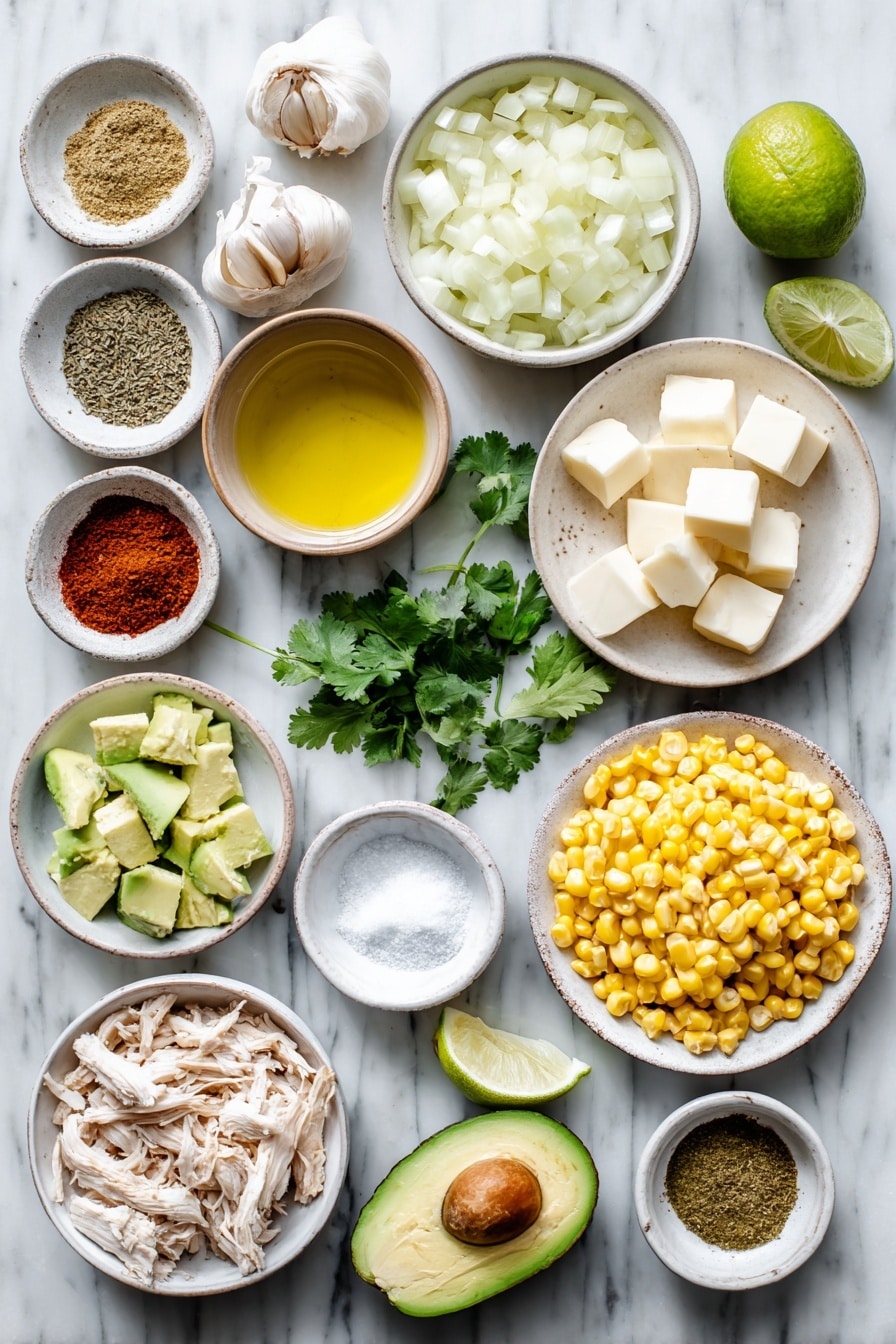 Flat lay of a small yellow onion diced in neat pieces, two whole cloves of garlic unpeeled, a small white ceramic bowl with golden olive oil, a small white ceramic bowl holding light green diced fresh green chilies, a small white ceramic bowl with ground cumin powder, another small white ceramic bowl with paprika powder, a small white ceramic bowl containing dried oregano leaves, a small white ceramic bowl filled with ground coriander, a small white ceramic bowl with cayenne pepper, a small white ceramic bowl of salt, a small white ceramic bowl of freshly ground black pepper, a small white ceramic bowl with cubed Neufchatel cheese, fresh bright yellow corn kernels in a small white ceramic bowl, whole fresh cannellini beans rinsed and drained in a small white ceramic bowl, shredded cooked chicken arranged plainly on a white ceramic plate, a small white ceramic bowl with fresh lime wedges, and a small bunch of fresh cilantro sprigs arranged organically on a white ceramic plate — all placed on a clean white marble surface, soft natural light, photo taken with an iPhone, professional food photography style, fresh ingredients, white ceramic bowls, no bottles, no duplicates, no utensils, no packaging --ar 2:3 --v 7 --p awthu7i m7354615311229779997 - White Chicken Chili, creamy white chicken chili, easy chicken chili recipe, healthy chicken chili, comforting chicken chili