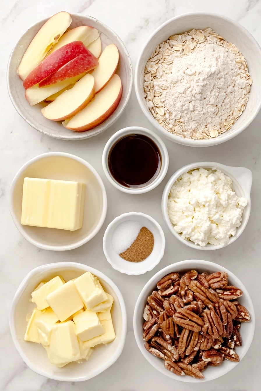 Flat lay of fresh medium Honeycrisp apples, peeled, cored, and thinly sliced arranged neatly, a small white ceramic bowl of whole wheat pastry flour, a small white ceramic bowl filled with old fashioned rolled oats, a small white ceramic bowl with dark brown sugar, raw chopped pecans scattered in a small white ceramic bowl, small white ceramic bowls containing ground cinnamon and salt, small white ceramic bowl with cold butter cubes, a small white ceramic bowl holding pure maple syrup, a small white ceramic bowl with a pinch of nutmeg, a small white ceramic bowl with bourbon, all ingredients fresh and natural, arranged in perfect symmetry on a clean white marble surface, soft natural light, photo taken with an iPhone, professional food photography style, fresh ingredients, white ceramic bowls, no bottles, no duplicates, no utensils, no packaging --ar 2:3 --v 7 --p awthu7i m7354615311229779997 - Healthy Apple Crisp with Oat-Pecan Topping, healthy apple crisp, gluten-free apple dessert, low-sugar apple crisp, nutritious fruit crisp