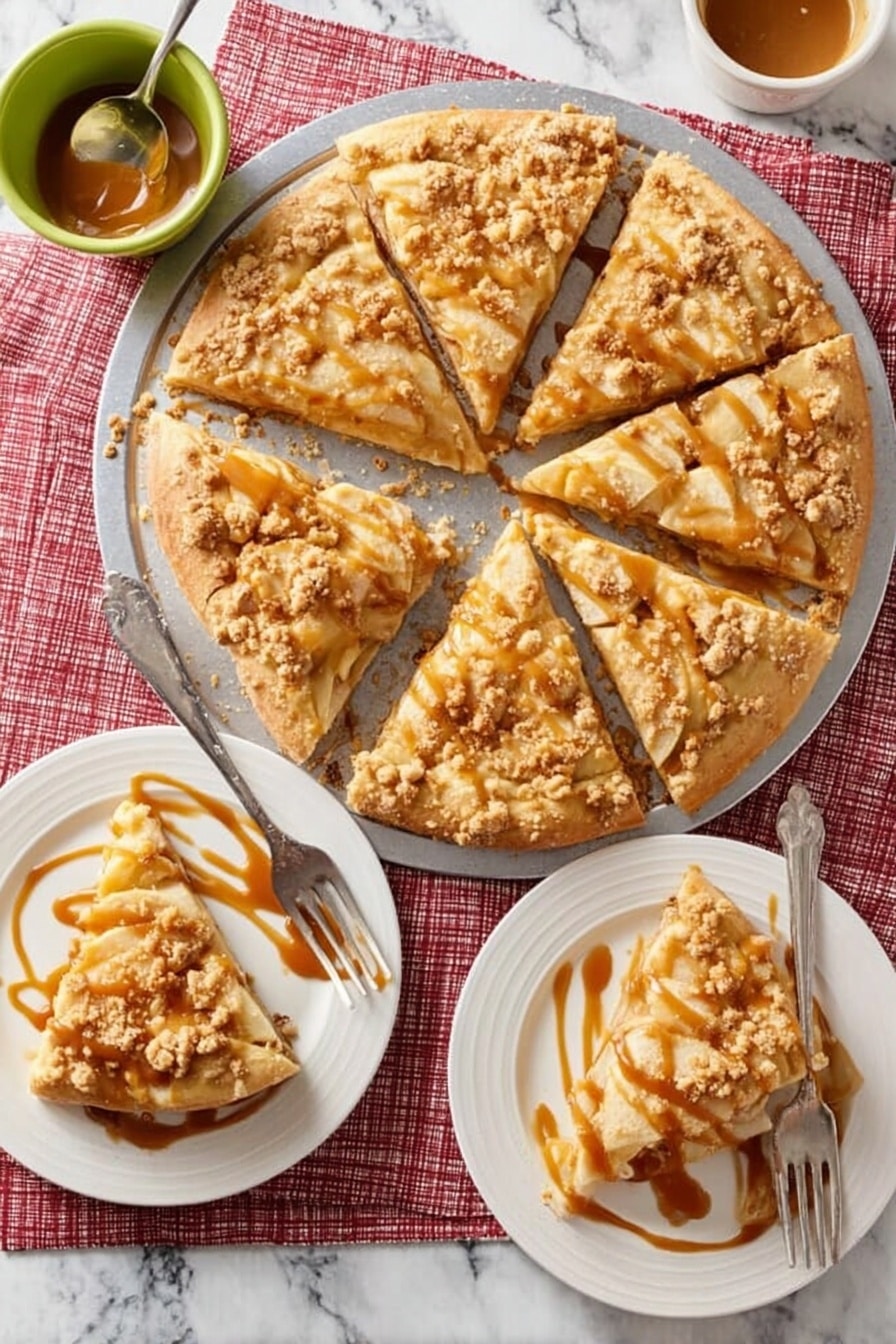 The image shows a round apple dessert pizza divided into seven slices on a silver tray placed on a white marbled surface over a red and white checkered cloth. The pizza has a light golden-brown crust with a base layer of apple slices arranged evenly in a circle. On top, there is a layer of crumbly streusel in small clumps and a thick drizzle of caramel sauce spread unevenly over the whole pizza. Two white plates each hold a single slice with caramel sauce drizzled on top, one plate has a fork beside the slice. A small green bowl filled with caramel sauce and a spoon rests near the pizza. The photo taken with an iphone --ar 2:3 --v 7 - Apple Dessert Pizza with Cinnamon Apples, Cream Cheese Topping, and Streusel, dessert pizza with apples, cinnamon apple dessert, easy apple dessert, apple streusel pizza, warm apple desserts