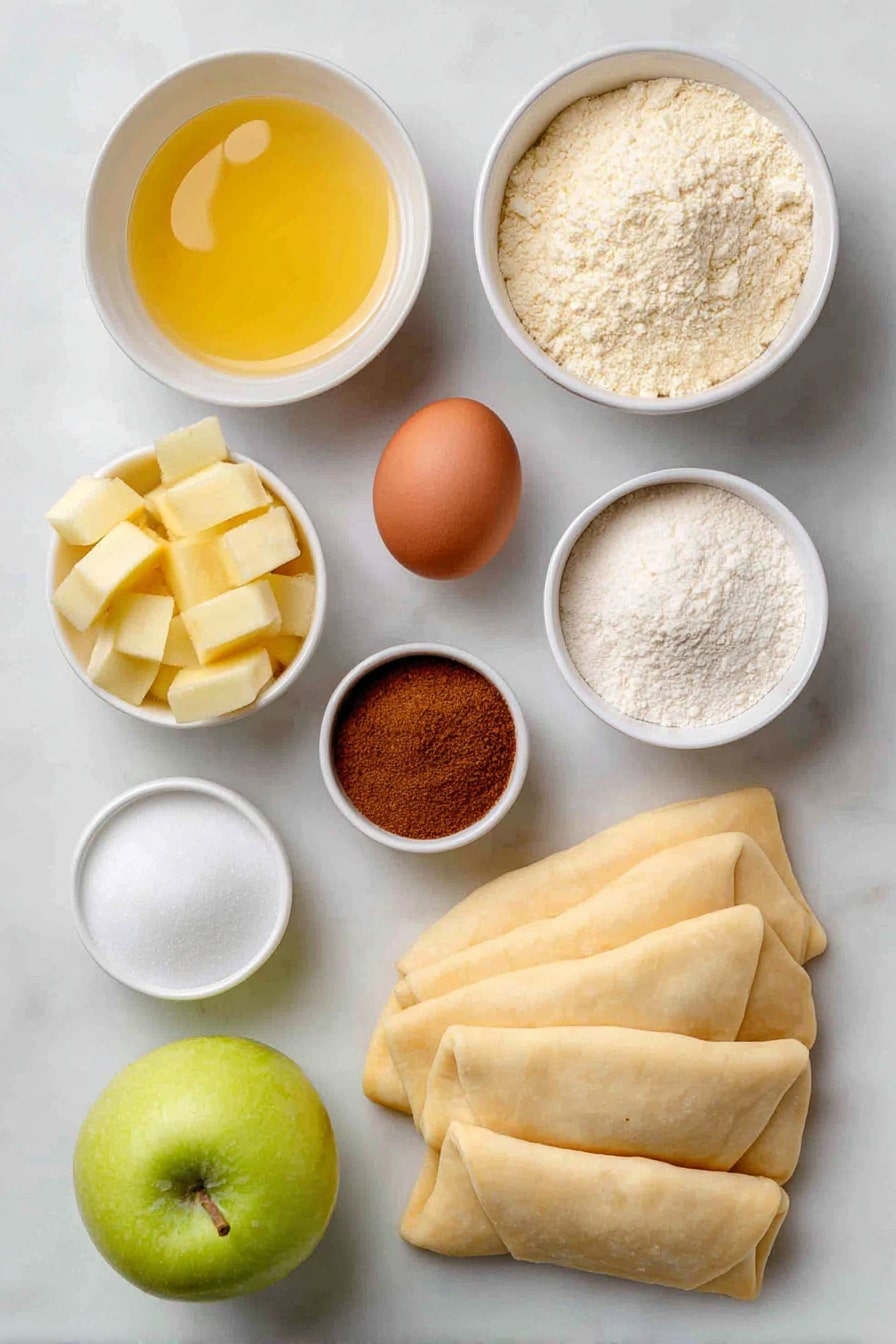 Flat lay of a whole firm Granny Smith apple, peeled and sliced into eight crisp pieces, eight triangular pieces of unbaked crescent roll dough neatly arranged in a fan shape, a small white ceramic bowl filled with melted golden butter, a small white ceramic bowl heaped with granulated white sugar, a small white ceramic bowl containing warm brown ground cinnamon, a small white ceramic bowl with a light mound of pale all-purpose flour, a whole clean uncracked brown egg placed near the center, and a small white ceramic bowl filled with clear, sparkling Sprite, all items perfectly spaced with balanced symmetry, placed on a clean white marble surface, soft natural light, photo taken with an iPhone, professional food photography style, fresh ingredients, white ceramic bowls, no bottles, no duplicates, no utensils, no packaging --ar 2:3 --v 7 --p awthu7i m7354615311229779997 - Apple Dumplings with Sprite Drizzle, apple dessert recipes, easy fruit desserts, baked apple treats, nostalgic apple dessert