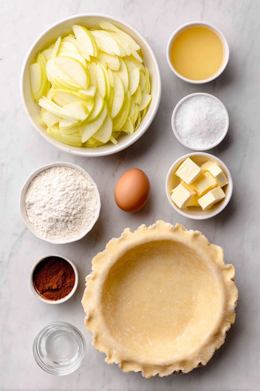 Flat lay of a small stack of rolled-out double pie crust dough circles, a large white ceramic bowl filled with thinly sliced green Granny Smith apples, a small white bowl of ground cinnamon, a small white bowl with cubes of unsalted butter, a small white bowl of all-purpose flour, a small white bowl of granulated sugar, a small white bowl of clear water, and one whole uncracked brown egg placed beside a small white bowl with a beaten egg wash mixture, all arranged symmetrically on a clean white marble surface, soft natural light, photo taken with an iPhone, professional food photography style, fresh ingredients, white ceramic bowls, no bottles, no duplicates, no utensils, no packaging --ar 2:3 --v 7 --p awthu7i m7354615311229779997 - The Best Apple Pie, apple pie with flaky crust, cinnamon apple pie, homemade apple pie, easy apple pie filling