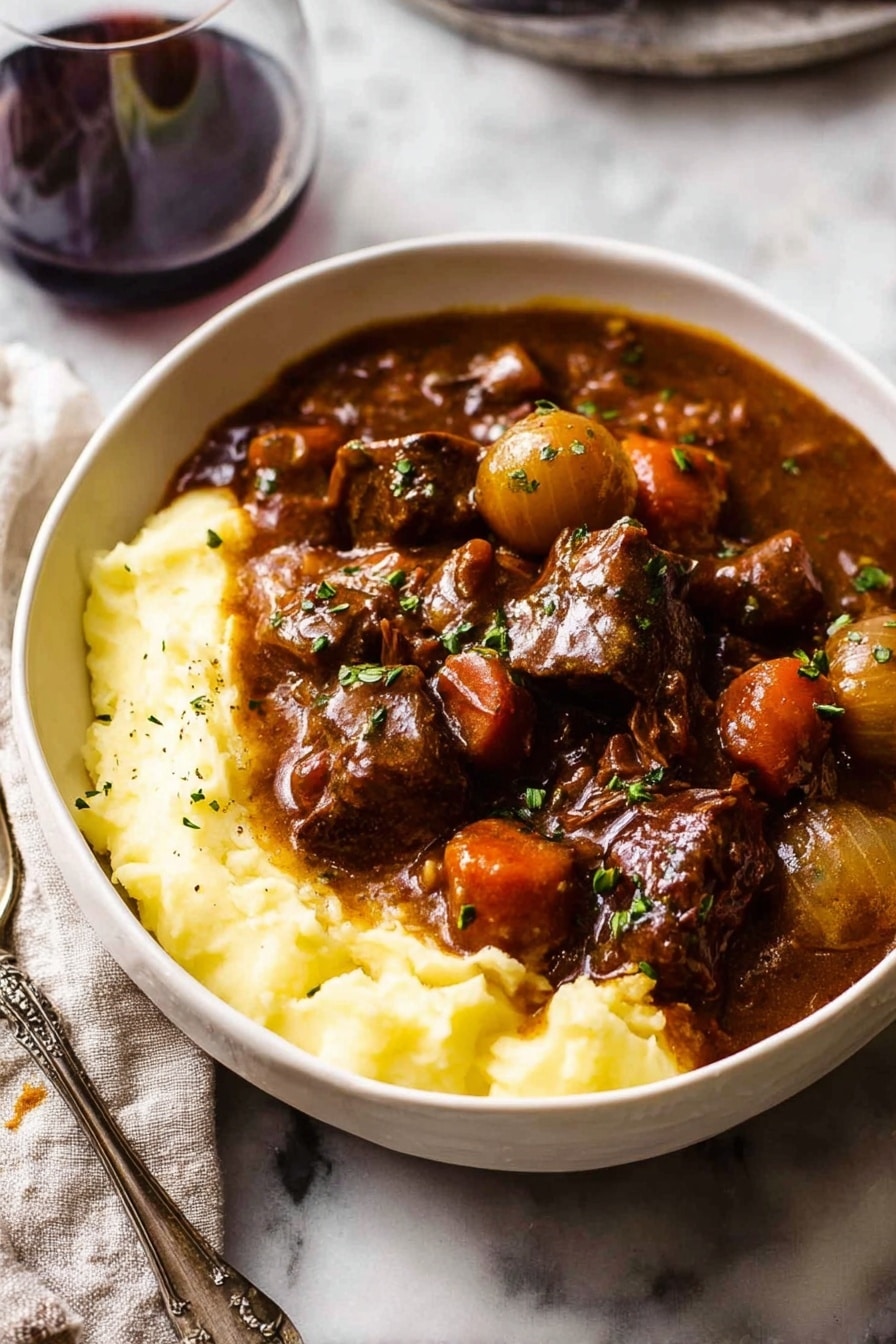 A white bowl filled with a thick layer of creamy mashed potatoes at the bottom, smooth and pale yellow in color. On top, there is a rich layer of dark brown beef stew with chunks of tender beef, orange carrot pieces, and small round light brown onions, all covered in a glossy, thick brown gravy. Small green herbs are sprinkled on top, adding a bit of color contrast. The background is a white marbled texture. Photo taken with an iphone --ar 2:3 --v 7 - Beef Bourguignon, Beef Burgundy, classic French stew, beef slow cooker recipe, French beef stew