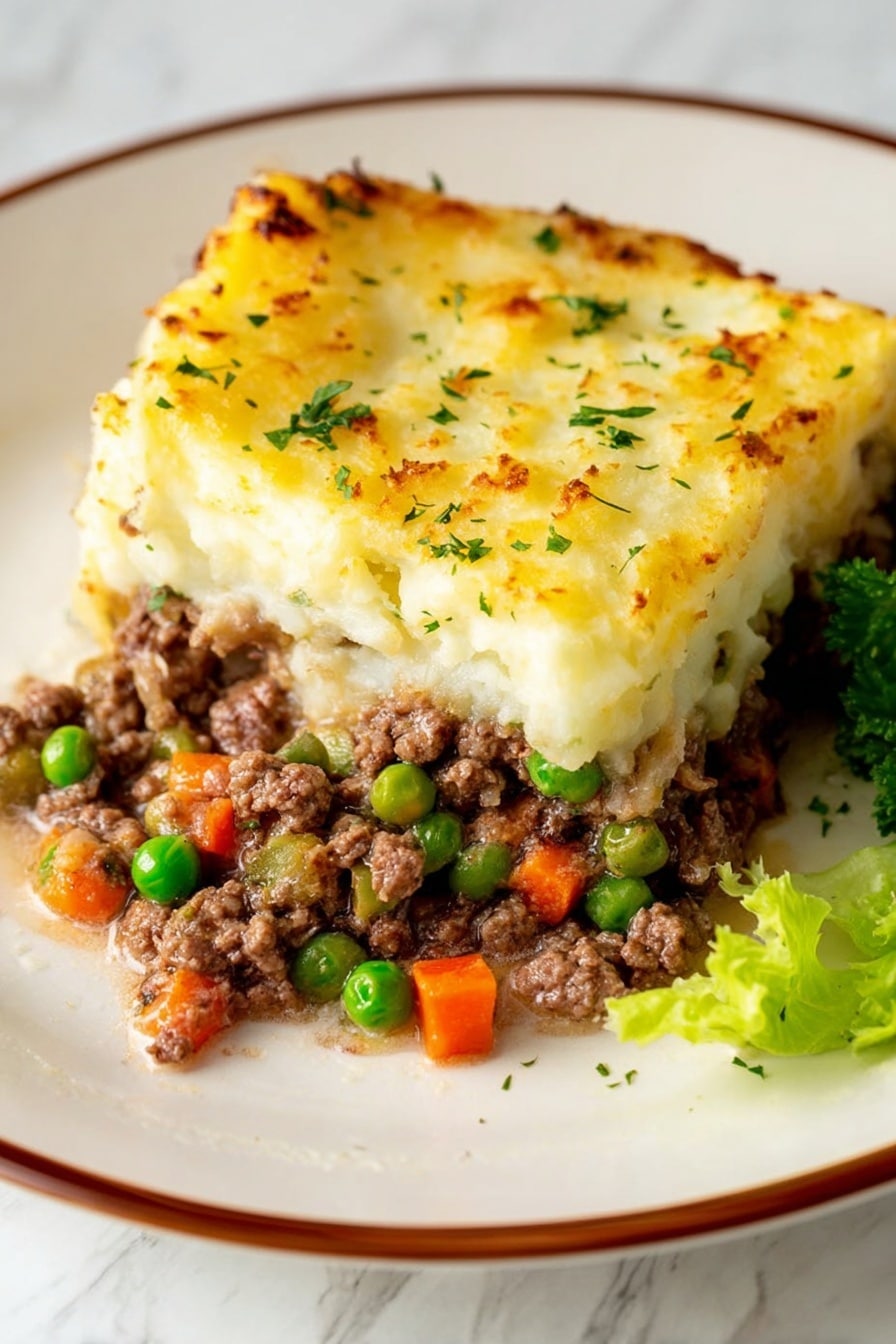 A slice of shepherd's pie on a white plate with a thin brown rim, placed on a white marbled surface. The dish has two main layers: the bottom layer is a mix of cooked minced meat with bright green peas and small orange carrot cubes, showing a moist and slightly crumbly texture. The top layer is a thick, smooth golden-yellow mashed potato topping with some browned spots from baking, sprinkled lightly with green parsley bits. A small green lettuce leaf is visible on the right edge of the plate. Photo taken with an iphone --ar 2:3 --v 7 - Hearty Shepherd’s Pie with Lamb and Vegetables, classic shepherd’s pie recipe, comfort food lamb casserole, easy shepherd’s pie dinner, savory lamb and vegetable pie