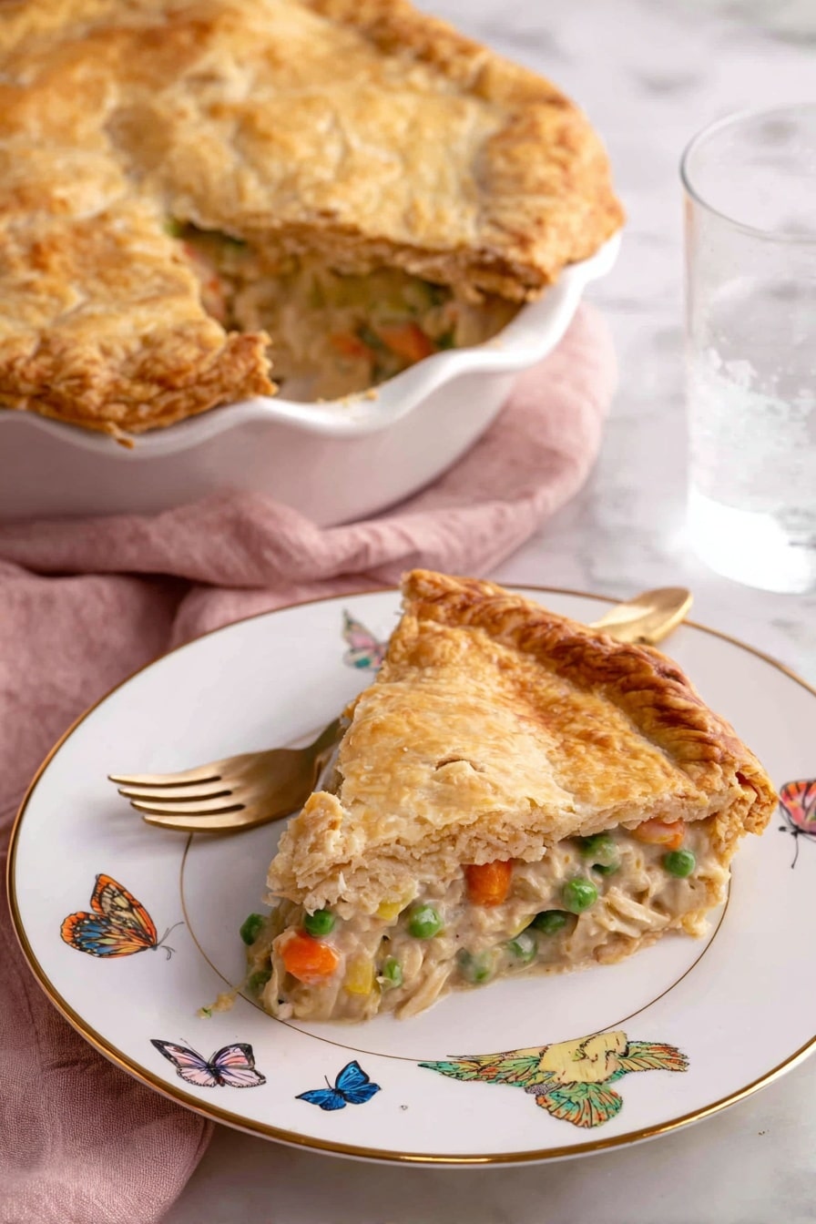 A whole golden brown pie sits centered on a white plate, featuring a crimped edge around the crust that is flaky and slightly puffed. The top layer crust has a rough texture with a few shallow slits forming a simple star-like shape in the center to let steam escape. The pie rests on a white marbled surface with a red and white striped cloth partially visible on the left and a metallic spoon on the right. Part of a stacked set of white plates with blue floral patterns is seen in the top right corner. Photo taken with an iphone --ar 2:3 --v 7 - Easy Chicken Pot Pie, chicken pot pie recipe, homemade chicken pot pie, comforting chicken pie, flaky chicken pie