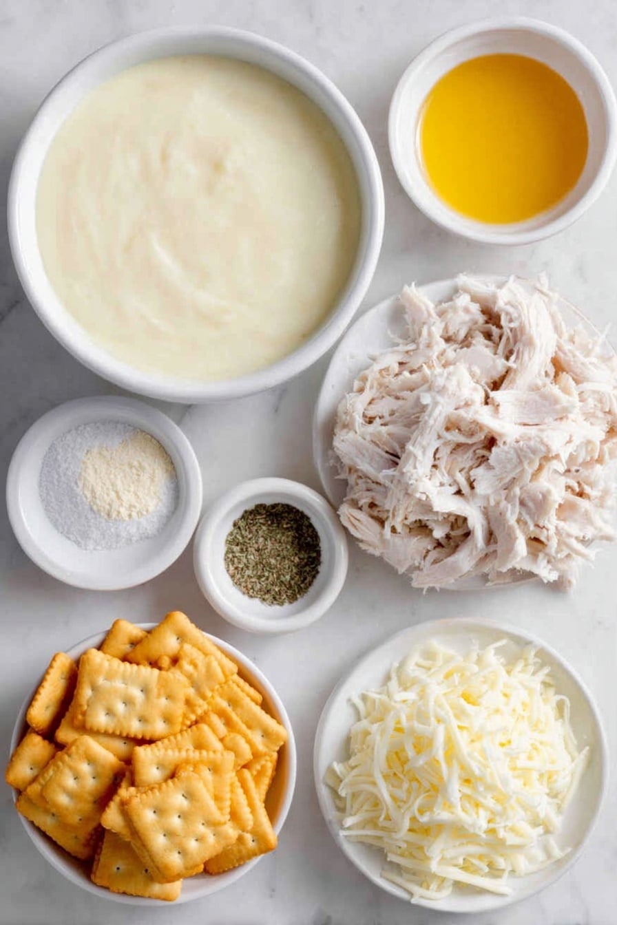 Flat lay of two white ceramic bowls—one filled with thick creamy condensed cream of chicken soup, the other holding smooth sour cream; a small white bowl with fine pale onion powder, another small white bowl with powdery garlic powder; a small white bowl containing coarse kosher salt next to a small white bowl with ground black pepper; a heaping pile of shredded cooked chicken arranged neatly; a mound of shredded sharp cheddar cheese; a small white bowl holding melted golden butter; and a cluster of lightly crushed shiny golden Ritz crackers, all placed on a clean white marble surface, soft natural light, photo taken with an iPhone, professional food photography style, fresh ingredients, white ceramic bowls, no bottles, no duplicates, no utensils, no packaging --ar 2:3 --v 7 --p awthu7i m7354615311229779997 - Creamy Chicken Casserole, chicken casserole recipes, easy comfort food, cheesy casserole dinner, family-friendly chicken bake