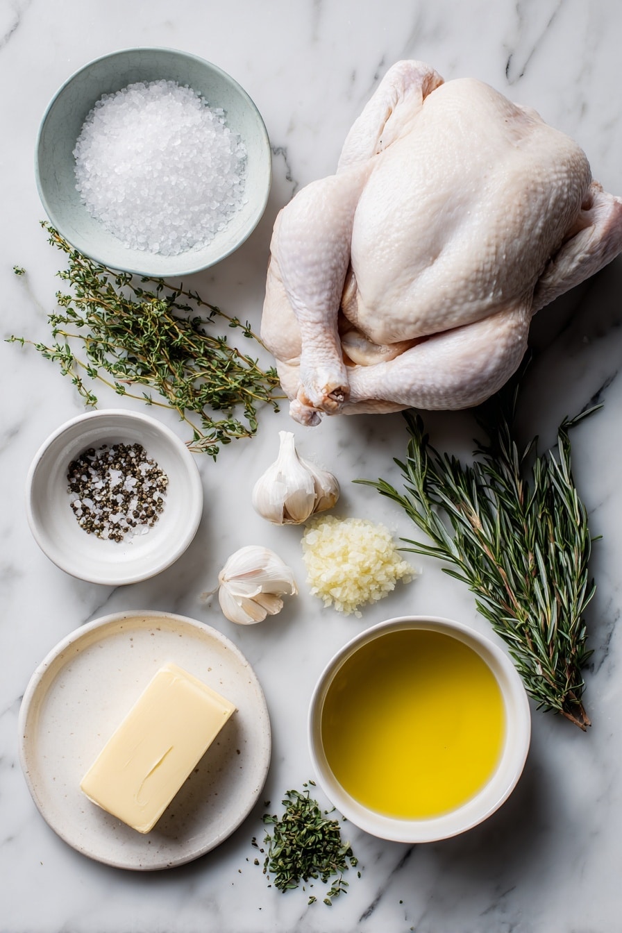 Flat lay of kosher salt crystals in a small white ceramic bowl, freshly ground black pepper in a small white bowl, a few sprigs of fresh rosemary minced beside fresh thyme leaves chopped, a whole stick of golden melted butter on a white ceramic dish, a small white bowl with glossy olive oil, two whole uncracked garlic cloves, all arranged with perfect symmetry and balanced proportions, placed on a clean white marble surface, soft natural light, photo taken with an iPhone, professional food photography style, fresh ingredients, white ceramic bowls, no bottles, no duplicates, no utensils, no packaging --ar 2:3 --v 7 --p awthu7i m7354615311229779997 - Perfect Roast Turkey, Roast Turkey Recipe, Juicy Roast Turkey, Crispy Skin Turkey, Thanksgiving Turkey