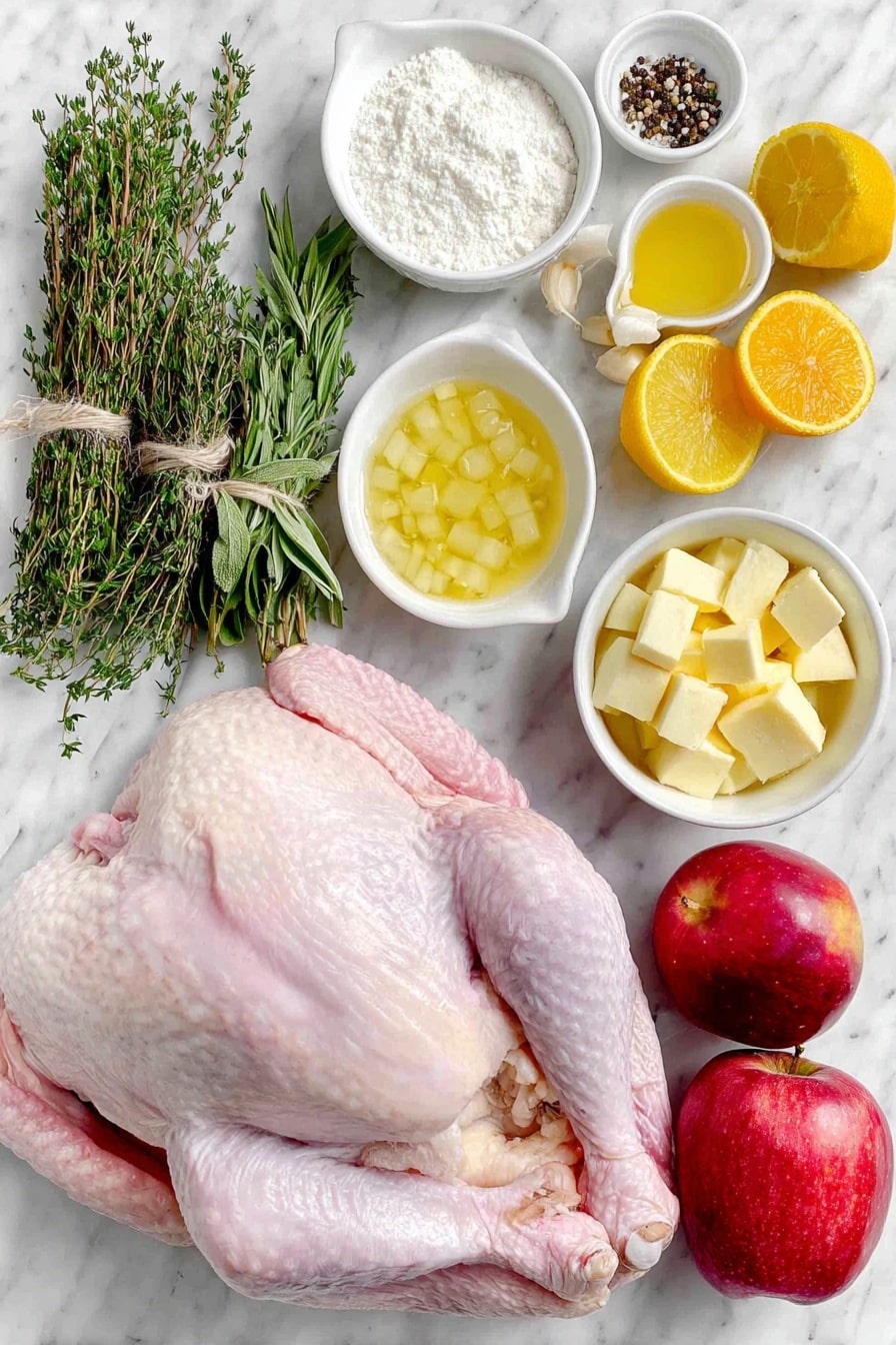 Flat lay of a whole defrosted raw turkey with pale pink skin, a large peeled and chopped yellow onion, ten whole unpeeled garlic cloves scattered nearby, a large bright orange cut into chunks, a large yellow lemon cut into chunks, a large red apple cut into pieces, a fresh bundle of green thyme and rosemary sprigs tied together, a small white ceramic bowl filled with golden pure maple syrup, a small white ceramic bowl holding soft salted butter cubes, a small white ceramic bowl containing pale all-purpose flour, a small white ceramic bowl with clear golden chicken broth, a small white ceramic bowl filled with coarse white salt, and a small white ceramic bowl with ground black pepper, all arranged with perfect symmetry and balanced proportions placed on a clean white marble surface, soft natural light, photo taken with an iPhone, professional food photography style, fresh ingredients, white ceramic bowls, no bottles, no duplicates, no utensils, no packaging --ar 2:3 --v 7 --p awthu7i m7354615311229779997 - Maple Glazed Turkey Roast, turkey roast with maple glaze, easy holiday turkey recipe, juicy turkey roast, flavorful turkey dinner