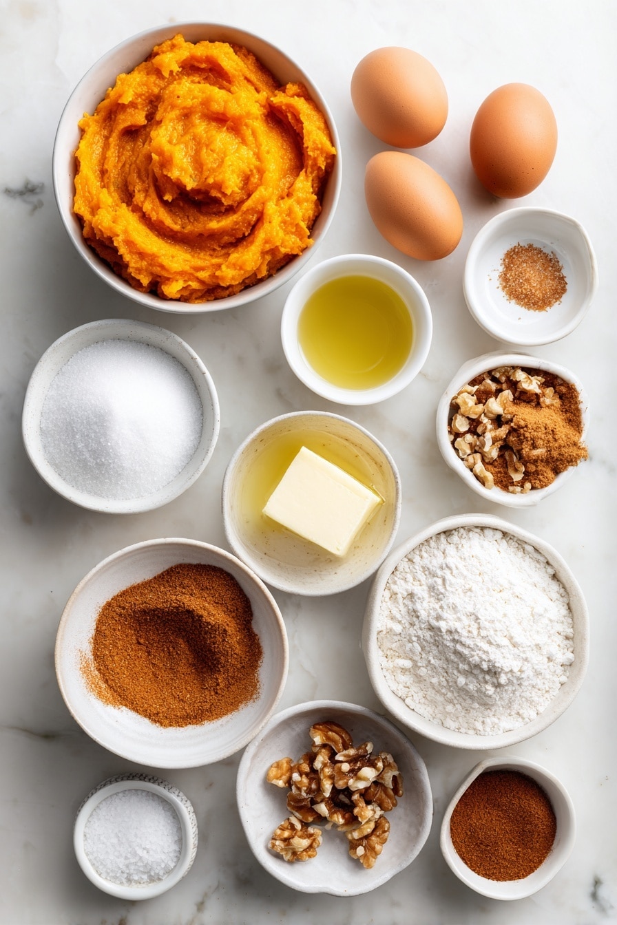 Flat lay of a small white bowl filled with bright orange pumpkin puree, a few tablespoons of melted golden salted butter in a small white bowl, a small white bowl heaped with light brown sugar, another small white bowl with white granulated sugar, two whole uncracked brown eggs, a small white bowl holding clear vanilla extract, a small white bowl with white all-purpose flour, a small white bowl containing warm-toned pumpkin pie spice, a small white bowl with ground cinnamon, a small white bowl of baking powder, a small white bowl of fine sea salt, and a small white bowl with mixed chocolate chips, cinnamon chips, and walnut pieces, all arranged symmetrically on a clean white marble surface, soft natural light, photo taken with an iPhone, professional food photography style, fresh ingredients, white ceramic bowls, no bottles, no duplicates, no utensils, no packaging --ar 2:3 --v 7 --p awthu7i m7354615311229779997 - Pumpkin Muffins with Fall Spices, fall pumpkin muffin recipe, cozy autumn muffins, easy pumpkin spice muffins, moist pumpkin muffins with spices