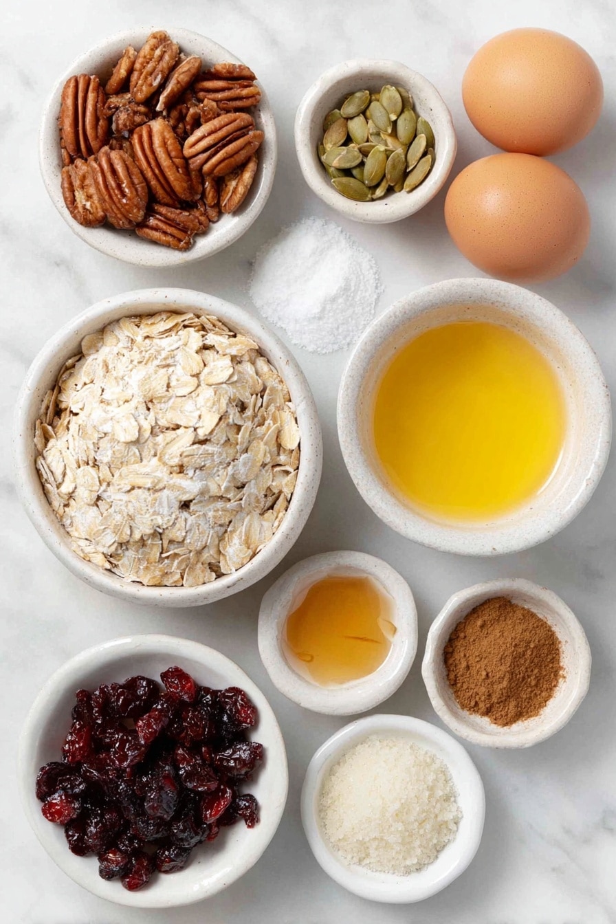 Flat lay of a small heap of old-fashioned whole rolled oats, a small mound of unsweetened shredded coconut flakes, a handful of raw pepitas (pumpkin seeds), a small pile of halved pecans, a small white ceramic bowl filled with ground cinnamon powder, another small white ceramic bowl with pumpkin pie spice powder, a tiny pinch of salt beside them, two whole clean uncracked brown eggs, a small white ceramic bowl holding melted coconut oil, a small white ceramic bowl with bright orange pumpkin puree, a small white ceramic bowl of amber pure maple syrup, a small white ceramic bowl of light brown packed brown sugar, a small white ceramic bowl containing clear vanilla extract, and a small pile of vibrant dried cranberries, all arranged in perfect symmetry on a clean white marble surface, soft natural light, photo taken with an iPhone, professional food photography style, fresh ingredients, white ceramic bowls, no bottles, no duplicates, no utensils, no packaging --ar 2:3 --v 7 --p awthu7i m7354615311229779997 - Pumpkin Spice Granola, fall granola recipe, cozy breakfast, crunchy pumpkin granola, healthy autumn snack