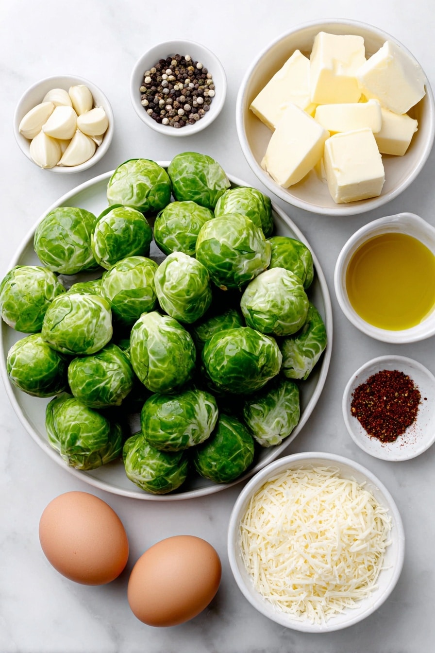 Flat lay of fresh halved Brussels sprouts with bright green leaves, a few whole uncracked brown eggs nearby, a small white ceramic bowl of golden olive oil, a small white ceramic bowl with creamy yellow butter cubes, a small white ceramic bowl holding several peeled garlic cloves, a small white ceramic bowl filled with amber honey, a small white ceramic bowl containing finely grated parmesan cheese, and a few scattered black peppercorns and a pinch of cayenne pepper powder artfully arranged on a simple white ceramic plate, all placed on a clean white marble surface, soft natural light, photo taken with an iPhone, professional food photography style, fresh ingredients, white ceramic bowls, no bottles, no duplicates, no utensils, no packaging --ar 2:3 --v 7 --p awthu7i m7354615311229779997 - Garlic Butter Brussels Sprouts, Roasted Brussels Sprouts with Garlic and Honey, Easy Brussels Sprouts Side Dish, Crispy Brussels Sprouts Recipe, Healthy Brussels Sprouts