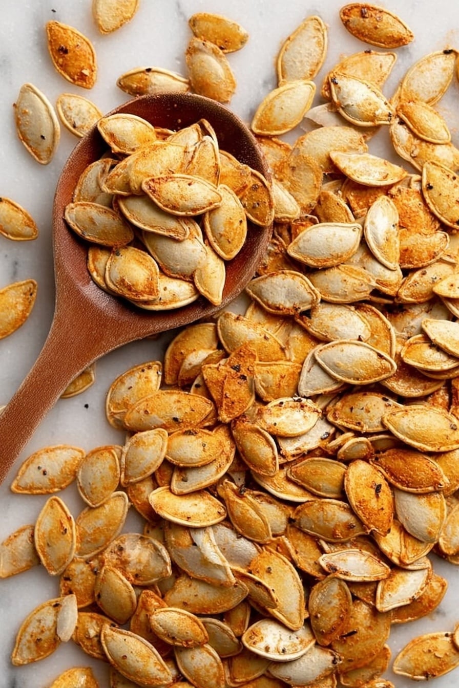 The image shows a big group of roasted pumpkin seeds spread flat on a white marbled surface, with some seeds showing a light brown, crispy outer layer and others a paler, smoother inner side. In the middle left, a wooden spoon filled with more roasted seeds rests on top of the pile, its curved shape contrasting with the many flat seeds beneath. The seeds have a rough texture and are a mix of golden brown and light cream colors, with some dark specks hinting at seasoning photo taken with an iphone --ar 2:3 --v 7 - Spicy Roasted Pumpkin Seeds, spicy pumpkin seed snack, roasted pumpkin seeds recipe, fall snack ideas, healthy pumpkin seed recipes