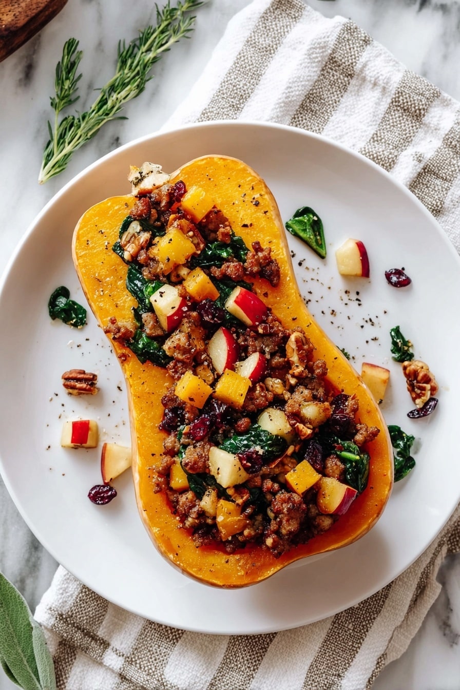 A white plate with a halved roasted butternut squash as the base layer, its skin light tan with a soft orange inside, placed in the center. On top is a mix of crumbled brown cooked sausage, small cubes of yellow and red apple, green wilted spinach leaves, and pieces of pecans scattered throughout. Small dark red dried cranberries are mixed in, adding pops of color. The dish is lightly seasoned with visible black pepper flakes. Around the plate, fresh green herb sprigs add a touch of freshness, and the background shows a white marbled surface with a striped cream and gray cloth underneath the plate. photo taken with an iphone --ar 2:3 --v 7 - Apple Sausage Stuffed Butternut Squash, fall stuffed squash recipe, hearty apple sausage bake, easy autumn squash dinner, baked stuffed butternut squash