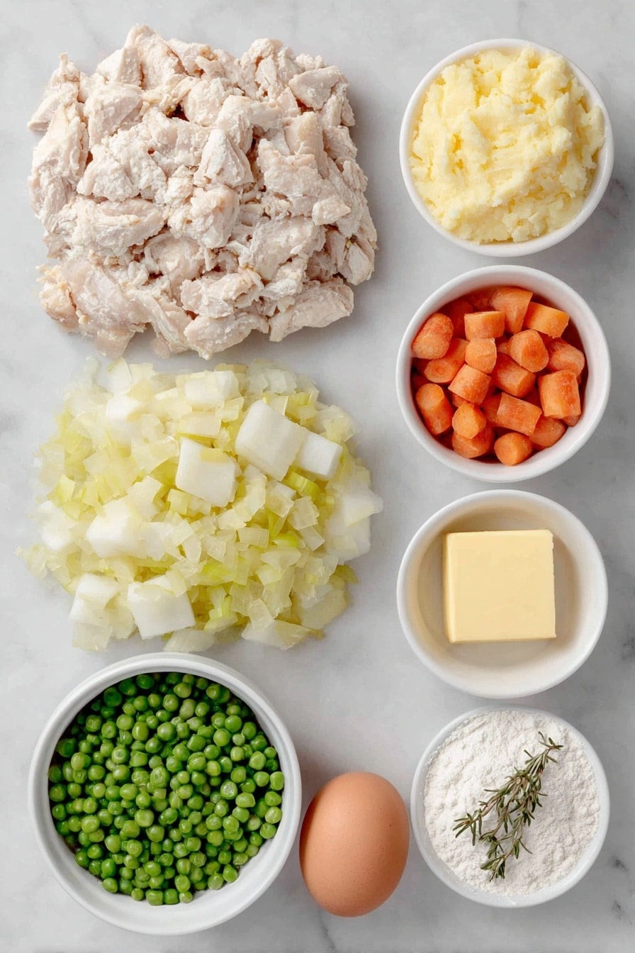 Flat lay of a small mound of diced cooked chicken with natural browned edges, a neat pile of chopped yellow onion with bright, translucent layers, a heap of chopped celery stalks in fresh light green, a cluster of chopped orange carrot cubes, a small pile of diced white-fleshed potato with clean edges, a small white bowl filled with fresh green peas, a small white bowl of golden unsalted butter chunks, a small white bowl holding fine white all-purpose flour, a small white bowl containing pale beige flour dusted with dried thyme and rosemary herbs, a smooth whole brown egg with a clean shell, and a small white bowl of clear chicken stock — all arranged with perfect symmetry and realistic proportions on a simple white ceramic surface, placed on a clean white marble surface, soft natural light, photo taken with an iPhone, professional food photography style, fresh ingredients, white ceramic bowls, no bottles, no duplicates, no utensils, no packaging --ar 2:3 --v 7 --p awthu7i m7354615311229779997 - Handheld Chicken Pot Pie, chicken pot pie pastry pockets, portable chicken pot pie, flaky chicken pie snack, easy chicken pie on-the-go