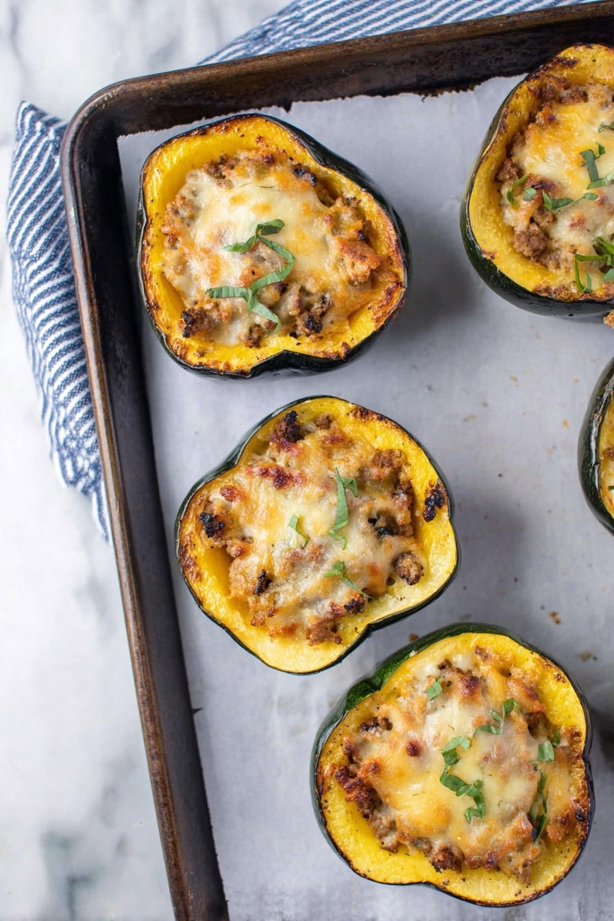 The image shows four pieces of stuffed acorn squash, each cut in half and arranged on a baking tray lined with white parchment. Each squash half is filled with a mixture that has a browned ground meat base layered with melted, slightly browned cheese on top. Small green herb leaves are scattered over the cheese for garnish. The squash's outer skin is dark green, and the inner flesh is bright yellow-orange and soft. The tray sits on a cloth with blue and white stripes, all placed on a white marbled surface. photo taken with an iphone --ar 2:3 --v 7 - Stuffed Acorn Squash with Turkey and Apples, healthy stuffed acorn squash recipe, easy stuffed acorn squash dinner, cozy fall squash dish, savory stuffed squash meal