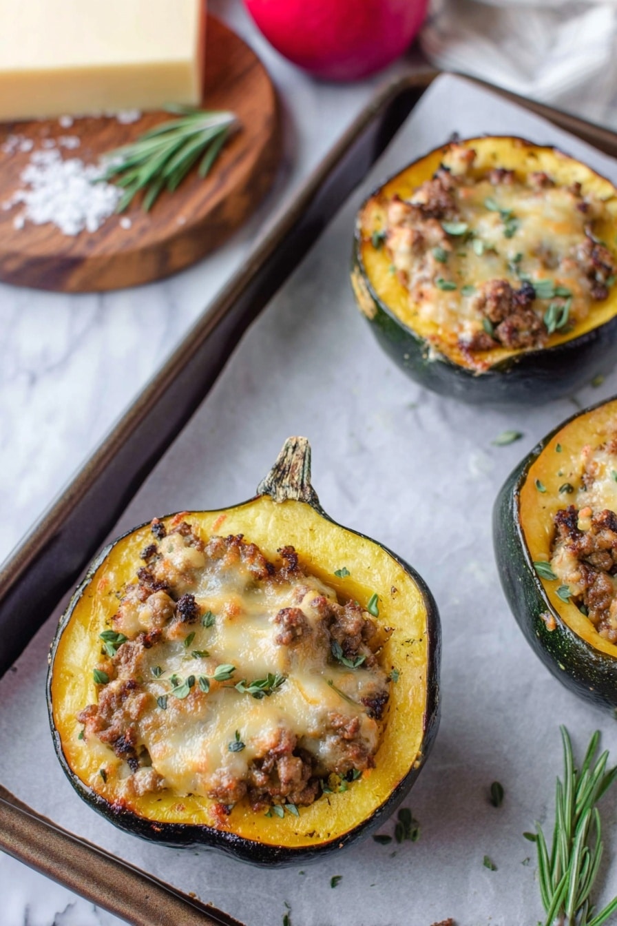 The image shows three halves of acorn squash stuffed with a mixture of cooked ground meat and onions, topped with melted, slightly browned cheese and small green herb leaves scattered on top. Each squash half has a smooth, dark green outer skin and a bright yellow-orange flesh that forms the base layer holding the filling. The squash halves are placed on a baking sheet lined with white parchment paper, set on a white marbled surface. In the background, there is a wooden board with a block of cheese, some coarse salt, a sprig of rosemary, and a red apple partly visible near the edge of the frame. photo taken with an iphone --ar 2:3 --v 7 - Stuffed Acorn Squash with Turkey and Apples, healthy stuffed acorn squash recipe, easy stuffed acorn squash dinner, cozy fall squash dish, savory stuffed squash meal