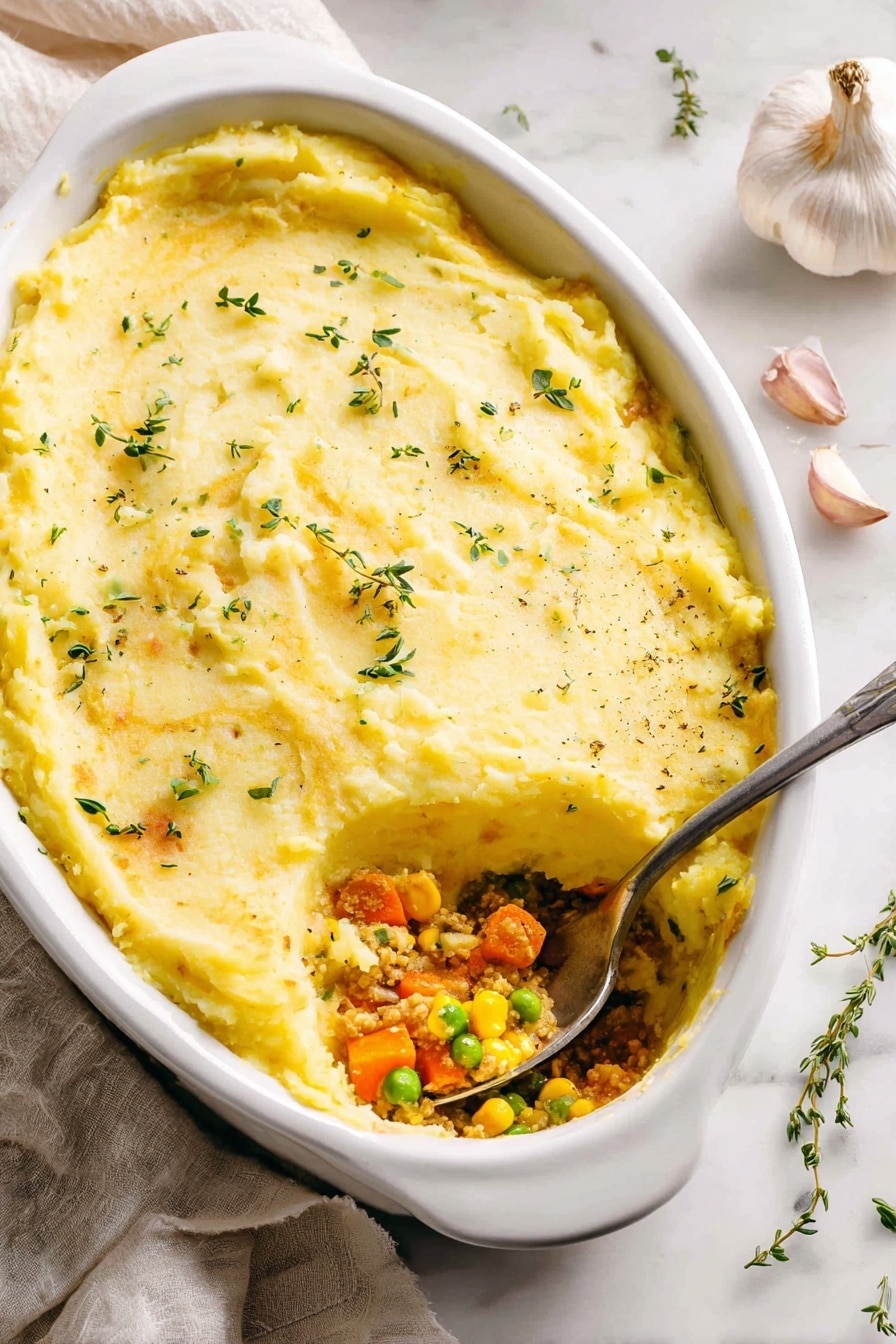 A white oval dish with two layers is shown on a white marbled surface. The top layer is smooth, creamy yellow mashed potatoes sprinkled with small green herb leaves. One corner of the potato layer is scooped to show the bottom layer, which is a mix of cooked vegetables including orange carrots, green peas, yellow corn, and some grains, all blended together. A silver spoon rests inside the dish near the scooped section. Around the dish, there are some garlic cloves, fresh thyme sprigs, and a light-colored cloth. Photo taken with an iphone --ar 2:3 --v 7 - Healthy Turkey Shepherd's Pie, Turkey Shepherd's Pie, Healthy Shepherd's Pie, Light Shepherd's Pie, Nourishing Turkey Shepherd's Pie