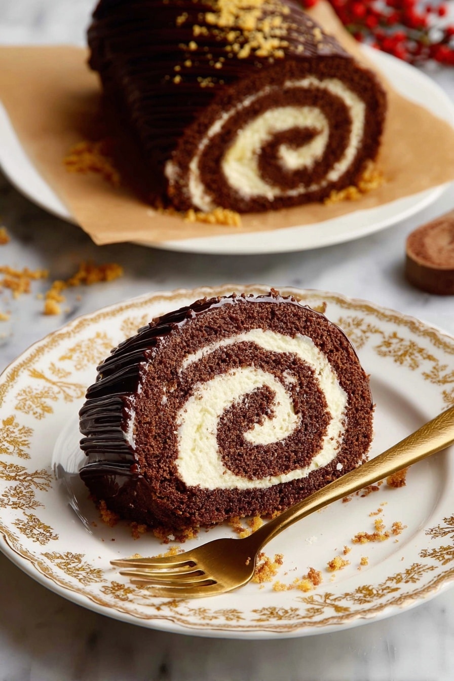 A slice of chocolate roll cake with two distinct layers is on a white plate with a gold floral pattern. The cake has a dark brown chocolate sponge layer rolled tightly with a creamy white filling, forming a spiral shape. The outside of the cake is covered with a shiny dark chocolate glaze with textured lines, and there are small golden crumbs sprinkled around the plate and on the cake. A gold fork rests on the plate, and in the background, the remaining cake roll sits on a white plate lined with parchment paper, with more golden crumbs scattered nearby on a white marbled surface. Photo taken with an iphone --ar 2:3 --v 7 - Chocolate Yule Log Cake, holiday dessert, Christmas cake recipe, chocolate cake roll, festive dessert idea