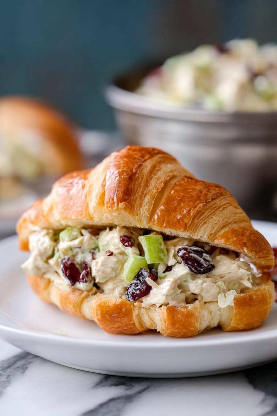 The image shows a croissant sandwich on a white plate set on a white marble surface. The croissant is golden brown and flaky, split open and filled with a creamy chicken salad. The chicken salad filling has visible chunks of white chicken meat, chopped green celery, dried dark red cranberries, and small pine nuts, all mixed in a light creamy dressing. The sandwich is centered in the image with a blurred background showing a metal bowl with more chicken salad. Photo taken with an iphone --ar 2:3 --v 7 - Cranberry Chicken Salad, cranberry chicken salad recipe, healthy chicken salad with cranberries, easy chicken salad with cranberries, fruit chicken salad recipe
