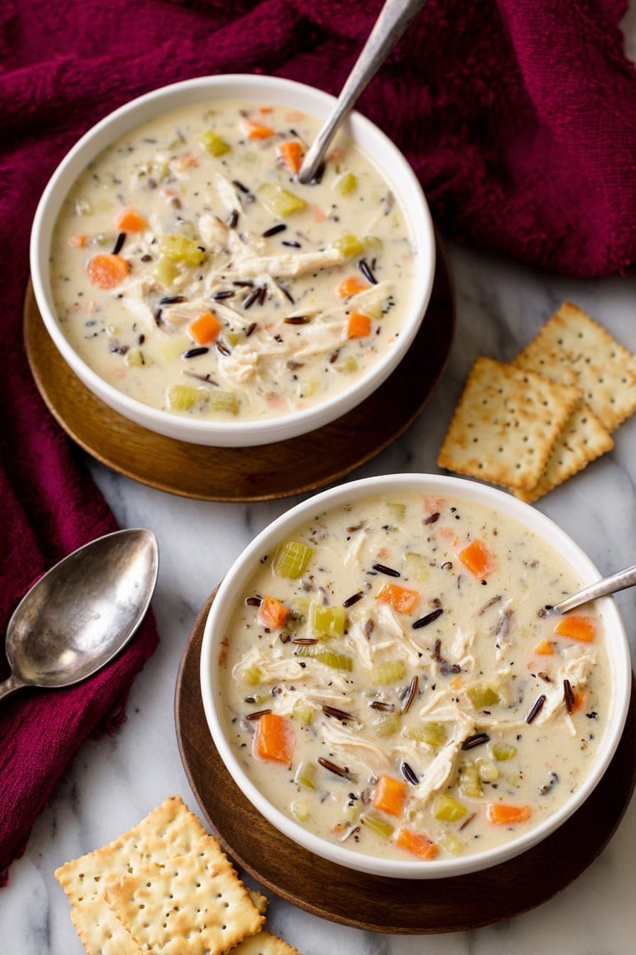 Two white bowls filled with thick creamy soup that has visible layers of orange carrot pieces, pale green celery chunks, shredded white meat, and small bits of dark wild rice mixed in. Each bowl sits on a round wooden plate with a spoon resting against it. Around the bowls are square saltine crackers placed on a white marbled surface. A deep red cloth is arranged to the side, adding a splash of color. Photo taken with an iphone --ar 2:3 --v 7 - Creamy Chicken and Wild Rice Soup, hearty chicken soup with wild rice, comforting creamy chicken and wild rice, easy chicken and wild rice soup, nourishing chicken wild rice soup