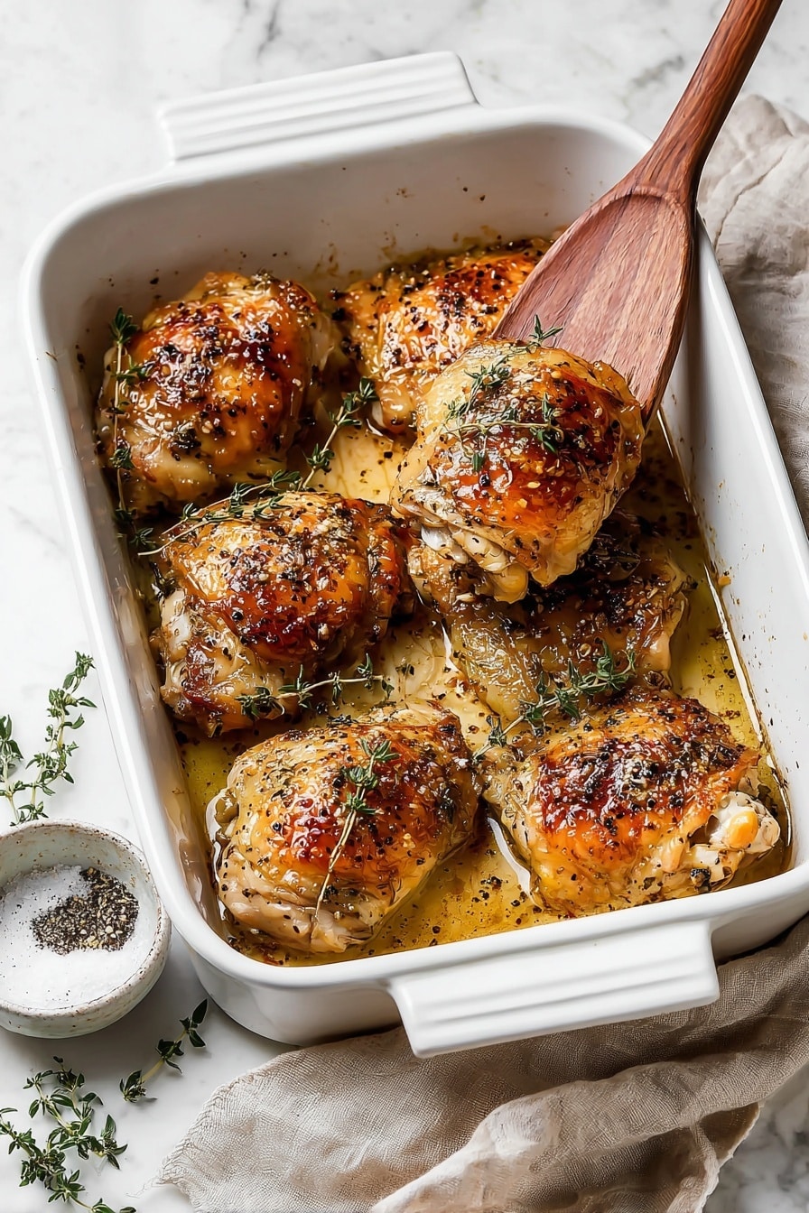 A white baking dish holds seven golden-brown roasted chicken thighs, each topped with small green herb sprigs and speckled with black pepper and seasoning. The chicken skin looks crispy and shiny with a mix of light and darker brown areas. A wooden spatula lifts one piece from the dish, showing the tender texture beneath the skin. The dish sits on a white marbled surface with a beige cloth napkin beside it and a small white bowl with black pepper and salt in the lower left corner. Some fresh herb sprigs lie scattered near the bowl. photo taken with an iphone --ar 2:3 --v 7 - Honey Mustard Chicken Thighs, easy chicken thigh recipes, juicy baked chicken, flavorful weeknight dinner, chicken breast and thigh dishes