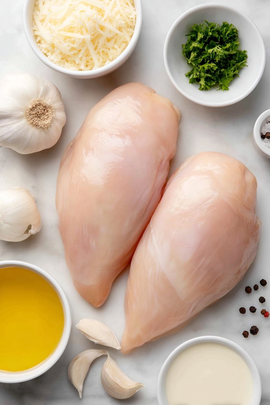 Flat lay of two large raw chicken breasts with smooth pale pink skin, a small mound of fine white cornflour powder, a small white ceramic bowl filled with golden oil, a peeled small white onion whole, three large peeled garlic cloves, a small white bowl of grated pale yellow parmesan cheese, a small white bowl of fresh bright green chopped parsley, a small white bowl of cream with a smooth surface, a small white bowl with light yellow lemon juice, a small white bowl with pale beige chicken stock, a scattering of whole black peppercorns, and a small pinch of coarse salt crystals all arranged with perfect symmetry on a clean white marble surface, soft natural light, photo taken with an iPhone, professional food photography style, fresh ingredients, white ceramic bowls, no bottles, no duplicates, no utensils, no packaging --ar 2:3 --v 7 --p m7354615311229779997 - Garlic Parmesan Chicken in Creamy Sauce, easy chicken dinner recipes, creamy garlic chicken, Parmesan chicken recipes, quick weeknight chicken dishes