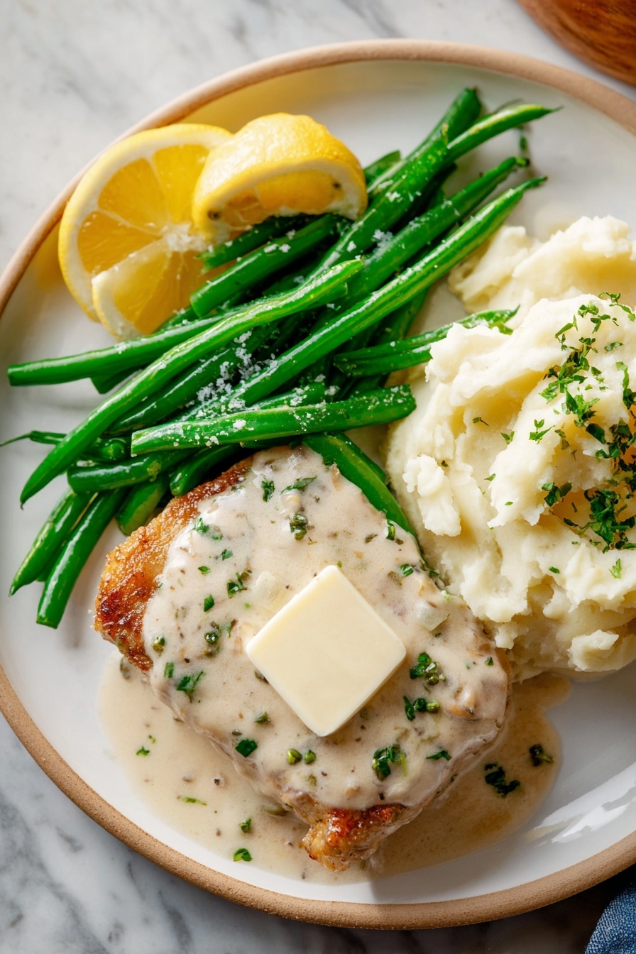 A white plate holds a meal with three main parts: mashed potatoes on the right topped with a square of butter and sprinkled with green herbs, bright green beans in the upper middle sprinkled with coarse salt, and a golden-brown piece of meat covered with creamy white sauce that has small green herb pieces, placed on the left. Two lemon wedges rest behind the green beans, adding bright yellow color. The plate sits on a white marbled background. photo taken with an iphone --ar 2:3 --v 7 - Garlic Parmesan Chicken in Creamy Sauce, easy chicken dinner recipes, creamy garlic chicken, Parmesan chicken recipes, quick weeknight chicken dishes