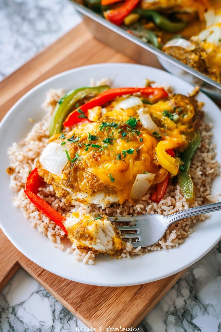 A white plate holds a bed of cooked rice with a light brown color as the base layer. On top of the rice is a large piece of cooked fish with a golden-brown crust. The fish is covered by a layer of melted orange-yellow cheese mixed with colorful cooked vegetables including yellow, green, and red bell peppers and white onion slices. Small green herbs are sprinkled over the dish. A silver fork with a bite of fish, some herbs, and a small piece of red pepper is placed on the plate’s edge. The plate rests on a wooden board with a white marbled textured surface in the background. Photo taken with an iphone --ar 2:3 --v 7 - Baked Chicken Fajitas, Easy Chicken Fajitas, Tex-Mex Chicken Bake, Healthy Chicken Fajitas, One-Pan Chicken Fajitas