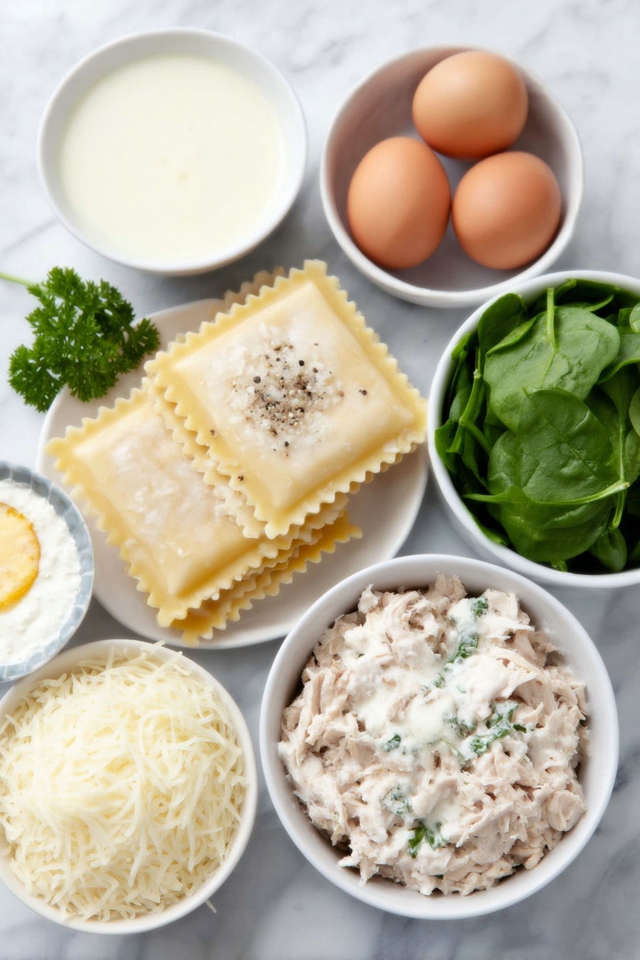 Flat lay of  uncooked flat lasagna noodles arranged neatly, three whole brown eggs with clean shells, a small mound of minced fresh garlic cloves, a small white ceramic bowl of heavy cream, a small white ceramic bowl of golden melted butter, a small white ceramic bowl filled with pale chicken broth, a small round wheel of creamy Boursin garlic and herb cheese, a handful of vibrant fresh spinach leaves, a small pile of shredded mozzarella cheese, a small white ceramic bowl of whole milk ricotta cheese dusted with black pepper, cooked shredded chicken arranged in a loose pile, a few sprigs of bright green fresh Italian parsley, all meticulously balanced and symmetrically placed on a clean white marble surface, soft natural light, photo taken with an iPhone, professional food photography style, fresh ingredients, white ceramic bowls, no bottles, no duplicates, no utensils, no packaging --ar 2:3 --v 7 --p m7354615311229779997 - Creamy Chicken Boursin Lasagna, Boursin Cheese Lasagna, Chicken Lasagna with Boursin, Gourmet Chicken Lasagna, Easy Creamy Lasagna