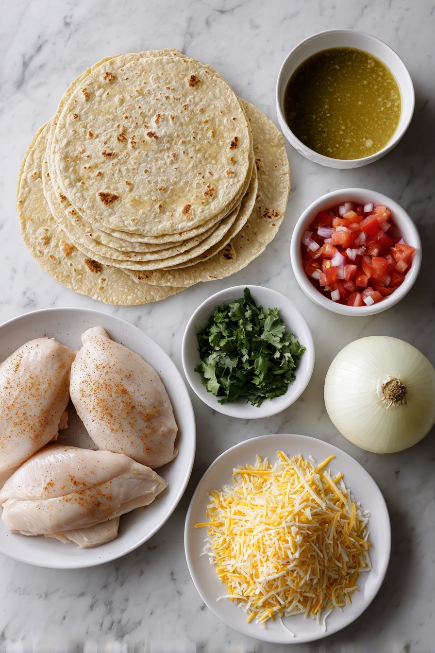 Flat lay of a stack of whole corn tortillas, two whole boneless skinless chicken breasts sprinkled with cumin and chili powder, a small white bowl of vegetable oil, a whole large diced onion, a small white bowl filled with green enchilada sauce, a simple white plate with a pile of grated cheddar and jack cheese blend, a small white bowl of sour cream, a small white bowl of diced fresh tomatoes, and a few sprigs of chopped cilantro arranged symmetrically, placed on a clean white marble surface, soft natural light, photo taken with an iPhone, professional food photography style, fresh ingredients, white ceramic bowls, no bottles, no duplicates, no utensils, no packaging --ar 2:3 --v 7 --p m7354615311229779997 - Easy Chicken Enchiladas with Cheese, chicken enchiladas, cheesy enchilada recipe, simple chicken enchiladas, quick enchilada dinner