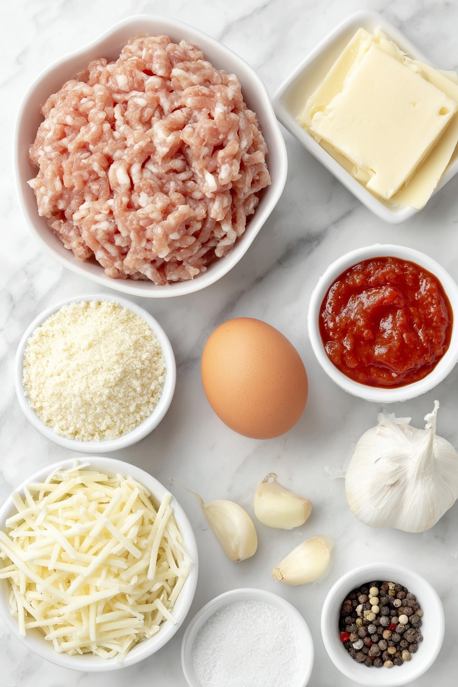 Flat lay of a small mound of fresh, pale pink ground chicken, one whole clean brown egg, a small white ceramic bowl filled with finely ground almond flour, a small white ceramic bowl with finely grated pale yellow parmesan cheese, three peeled garlic cloves, a small white ceramic bowl containing a vibrant red marinara sauce, a small white ceramic bowl with shredded white mozzarella cheese, a few whole black peppercorns, a small white ceramic bowl of pale beige onion powder, and a small pinch of coarse white salt crystals, all arranged with perfect symmetry in a balanced layout, placed on a clean white marble surface, soft natural light, photo taken with an iPhone, professional food photography style, fresh ingredients, white ceramic bowls, no bottles, no duplicates, no utensils, no packaging --ar 2:3 --v 7 --p m7354615311229779997 - Baked Chicken Parmesan Meatballs, chicken parmesan meatballs, baked chicken meatballs, cheesy tomato meatballs, healthy chicken meatballs