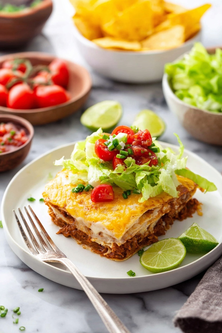 The image shows a white plate on a white marbled surface holding one slice of a layered tortilla dish with four visible layers of tortilla and a filling of shredded meat mixed with sauce, topped with melted cheese that is light golden and slightly bubbly. On top of the slice is a fresh layer of chopped green lettuce, bright red cherry tomato halves, small green onion pieces, and chunky reddish salsa. On the right side of the plate, there are two lime wedges. A silver fork rests on the plate at the front left, with its tines near the food. In the background, there is a white bowl full of yellow tortilla chips and a small white bowl of red salsa, along with a blurred white bowl of more chopped lettuce and a small dark bowl of cherry tomatoes. Photo taken with an iphone --ar 2:3 --v 7 - Easy Chicken Quesadilla Casserole, Chicken Quesadilla Casserole, cheesy chicken casserole, quick chicken dinner,  easy weeknight casserole