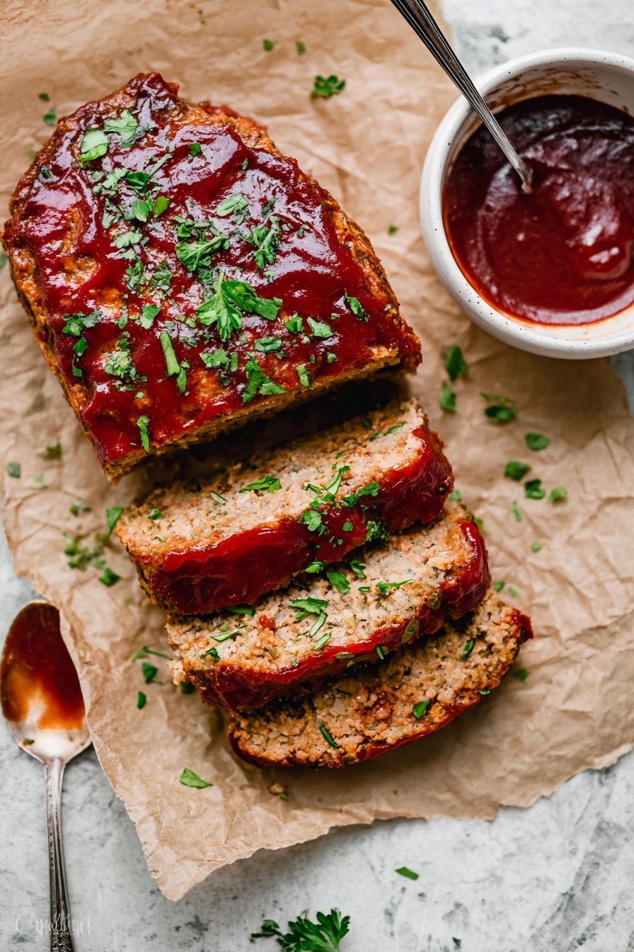 The image shows a sliced meatloaf placed on brown parchment paper over a white marbled surface. The meatloaf has three thick slices cut from a larger piece, each slice topped with a glossy layer of reddish-brown sauce and sprinkled with fresh green chopped herbs. To the right side, there is a small white bowl filled with the same sauce, and above the meatloaf, a silver spoon with some sauce on it lies on the parchment paper. The meatloaf's texture looks tender with a slightly browned crust, and the overall scene is bright and inviting. photo taken with an iphone --ar 2:3 --v 7 - Healthy Turkey Meatloaf, healthy turkey meatloaf recipe, low-fat turkey meatloaf, wholesome turkey meatloaf dinner, family-friendly turkey meatloaf