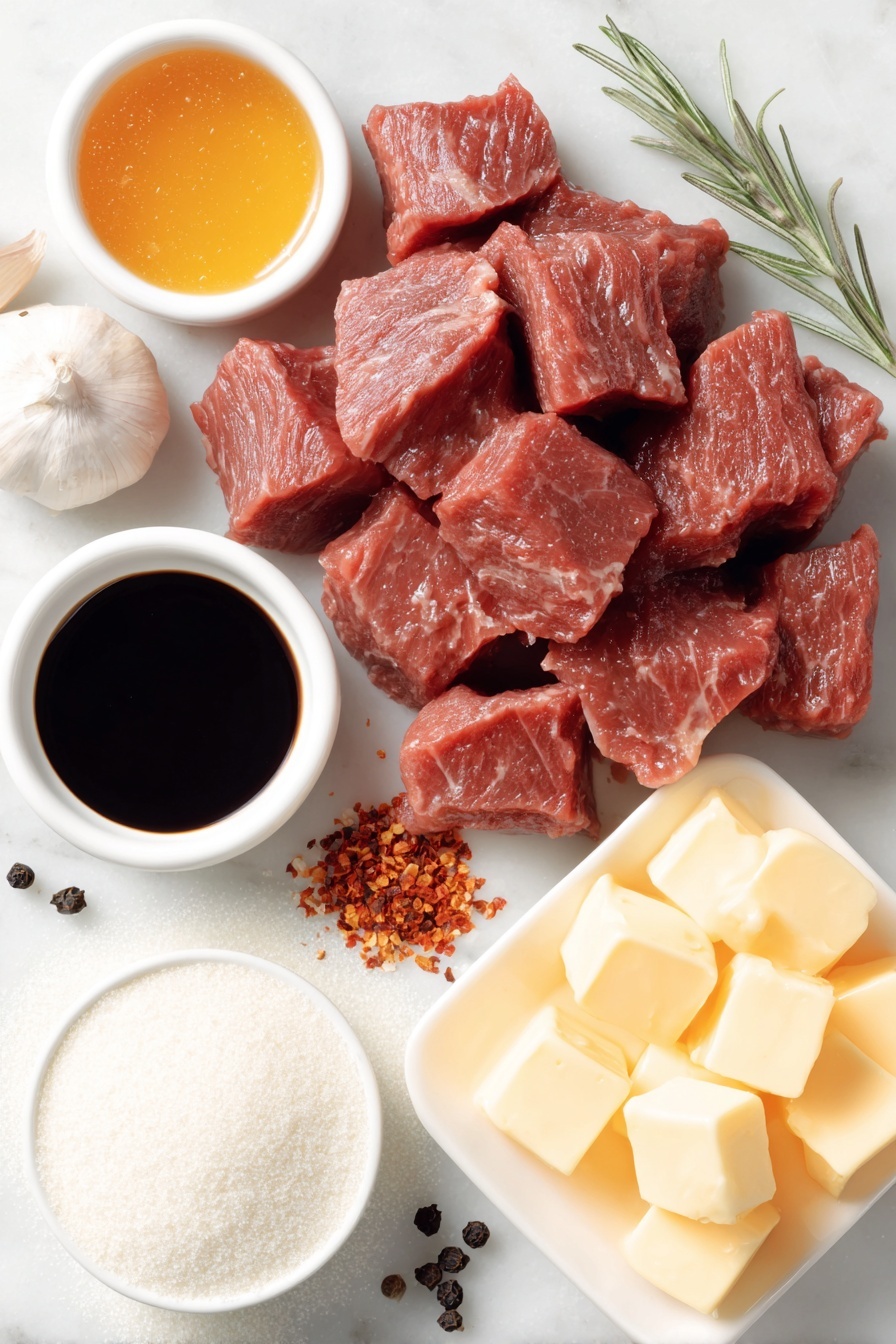 Flat lay of fresh raw sirloin steak chunks with a few sprigs of coarse salt crystals and whole black peppercorns scattered nearby, bright golden honey pooled in a small white ceramic bowl, rich dark soy sauce in another small white bowl, six whole uncracked garlic cloves arranged naturally, a small white bowl holding vibrant red chili flakes, a neat pile of fine white cornstarch powder directly on the white surface, and several small cubes of golden salted butter placed delicately on a simple white ceramic dish, all ingredients arranged symmetrically and balanced, placed on a clean white marble surface, soft natural light, photo taken with an iPhone, professional food photography style, fresh ingredients, white ceramic bowls, no bottles, no duplicates, no utensils, no packaging --ar 2:3 --v 7 --p m7354615311229779997 - Honey Garlic Steak Bites, Honey Garlic Steak Bites recipe, easy steak bites, savory garlic steak, quick steak dinner