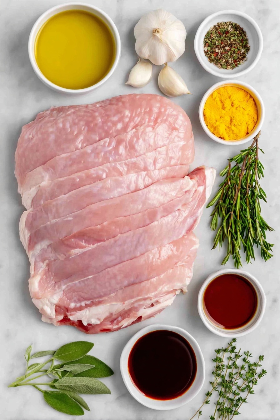 Flat lay of a whole boneless, skinless turkey breast with natural texture and pale pink color, a small white ceramic bowl of golden olive oil, a few whole garlic cloves with papery white skins, small sprigs of fresh sage with soft green leaves, fresh thyme sprigs with tiny green leaves, fresh rosemary sprigs with needle-like dark green leaves, a small white ceramic bowl containing coarse kosher salt crystals, another small white bowl holding freshly ground black pepper, a small white ceramic bowl filled with rich amber pure maple syrup, a small white bowl with smooth bright yellow mustard, a small white bowl of dark brown Worcestershire sauce, a small white bowl of dark soy sauce, all arranged symmetrically and balanced, placed on a clean white marble surface, soft natural light, photo taken with an iPhone, professional food photography style, fresh ingredients, white ceramic bowls, no bottles, no duplicates, no utensils, no packaging --ar 2:3 --v 7 --p m7354615311229779997 - Maple Glazed Turkey Breast Roast, Turkey breast roast recipe, maple glazed poultry, holiday turkey recipes, easy turkey roast dinner