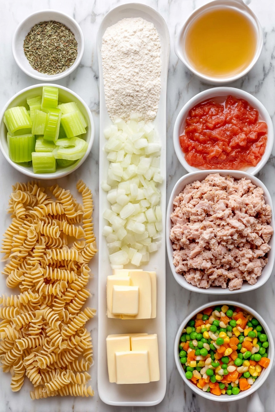 Flat lay of a small pool of golden olive oil in a simple white ceramic bowl, a few rich yellow butter cubes arranged neatly, a large diced white onion pile, four fresh green celery ribs sliced evenly, two peeled garlic cloves finely minced, a small white bowl filled with pale off-white all-purpose flour, a small white bowl containing a mix of dried Italian herbs, a simple white ceramic bowl with clear golden chicken broth, a white bowl with bright red petite diced tomatoes and their juices, a small heap of cooked chopped turkey with natural brown and white hues, a small white bowl of vibrant thawed mixed vegetables including peas, carrots, and corn, six ounces of uncooked medium pasta spirals arranged symmetrically, all ingredients fresh and natural, placed on a clean white marble surface, soft natural light, photo taken with an iPhone, professional food photography style, fresh ingredients, white ceramic bowls, no bottles, no duplicates, no utensils, no packaging --ar 2:3 --v 7 --p m7354615311229779997 - Turkey Vegetable Soup with Pasta, hearty turkey vegetable soup, beginner-friendly turkey soup recipe, quick healthy turkey soup, leftover turkey soup