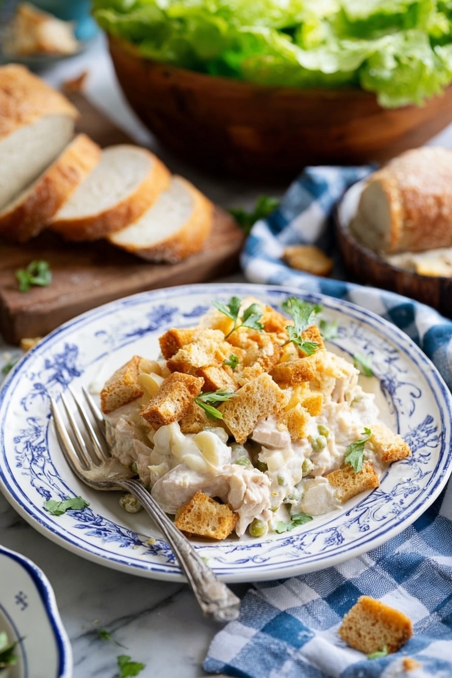 A white plate with blue floral patterns holds a creamy layered dish. The bottom layer looks soft and white, with chunks of white meat mixed with small green bits. The middle layer is creamy, covering the meat and vegetables. The top layer is golden brown broken cracker pieces, crunchy and uneven, scattered over the creamy base with small green herb leaves for garnish. To the side, a silver fork rests on the plate. In the background, there are pieces of crusty white bread on a wooden cutting board and a wooden bowl filled with leafy green lettuce, all placed on a white marbled surface, with a blue and white checkered cloth nearby. Photo taken with an iphone --ar 2:3 --v 7 - Leftover Turkey Rice Casserole, leftover turkey recipes, easy comfort food, holiday leftovers casserole, cheesy turkey rice bake