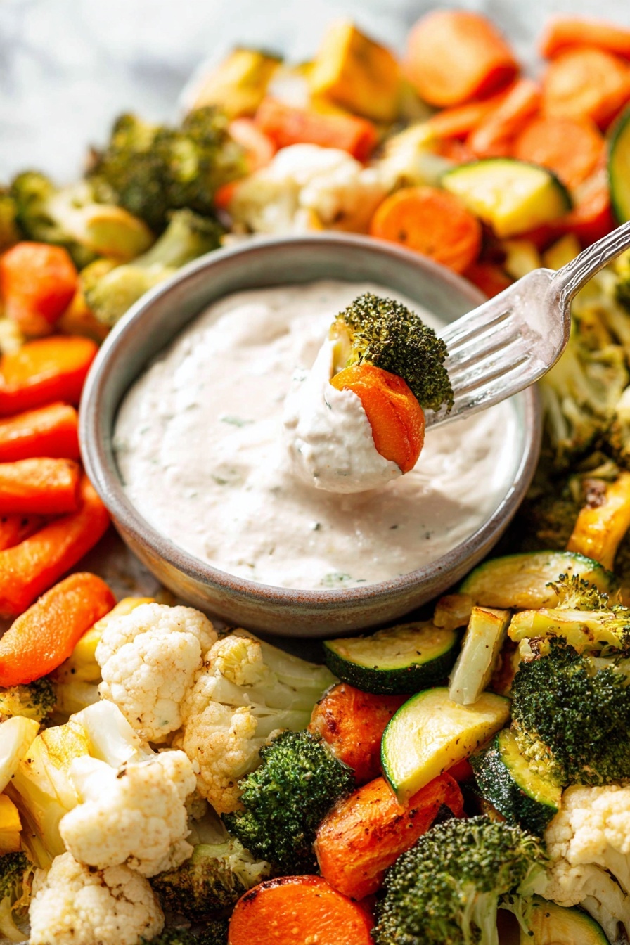 A close-up view of a bowl of creamy white dip in the center, with a fork holding a piece of bright orange carrot and green broccoli dipped into it; the bowl is surrounded by roasted vegetables including orange carrot slices, green broccoli florets, white cauliflower pieces, yellow squash chunks, and green zucchini, all placed on a white marbled surface. The roasted vegetables show some browning and texture, creating a colorful and fresh look. Photo taken with an iphone --ar 2:3 --v 7 - Roasted Vegetable Medley, healthy roasted vegetables, easy veggie side dish, colorful roasted vegetables, nutritious vegetable medley