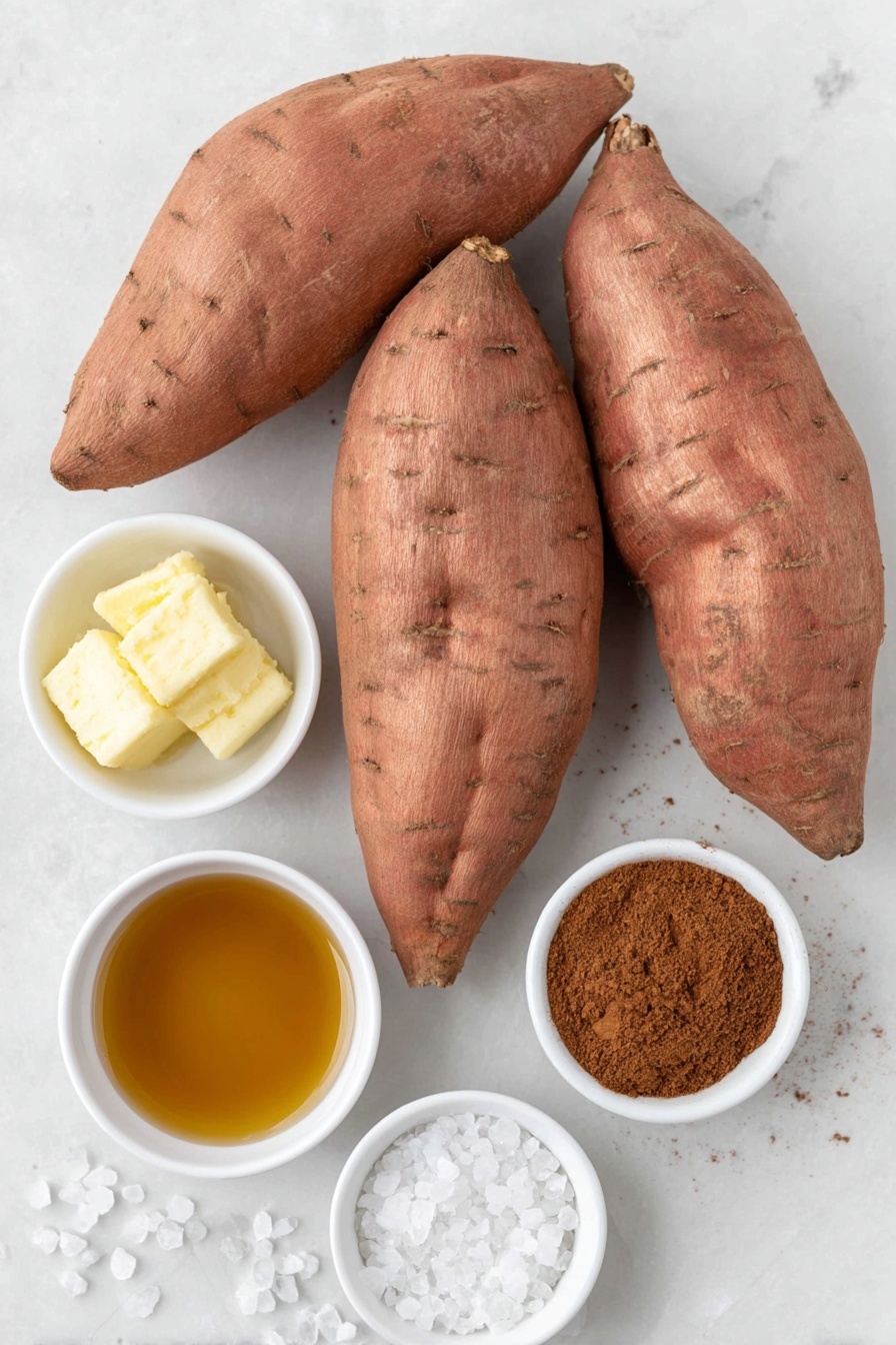 Flat lay of three whole unpeeled sweet potatoes, a small white bowl of golden coconut oil solid, a small white bowl with amber real maple syrup, a small white bowl filled with ground cinnamon powder, and a small handful of coarse kosher salt crystals scattered nearby, all arranged in perfect symmetry on a clean white marble surface, soft natural light, photo taken with an iPhone, professional food photography style, fresh ingredients, white ceramic bowls, no bottles, no duplicates, no utensils, no packaging --ar 2:3 --v 7 --p m7354615311229779997 - Maple Roasted Sweet Potatoes, roasted sweet potato side dish, sweet potato recipe with maple syrup, fall holiday sweet potatoes, easy roasted sweet potatoes